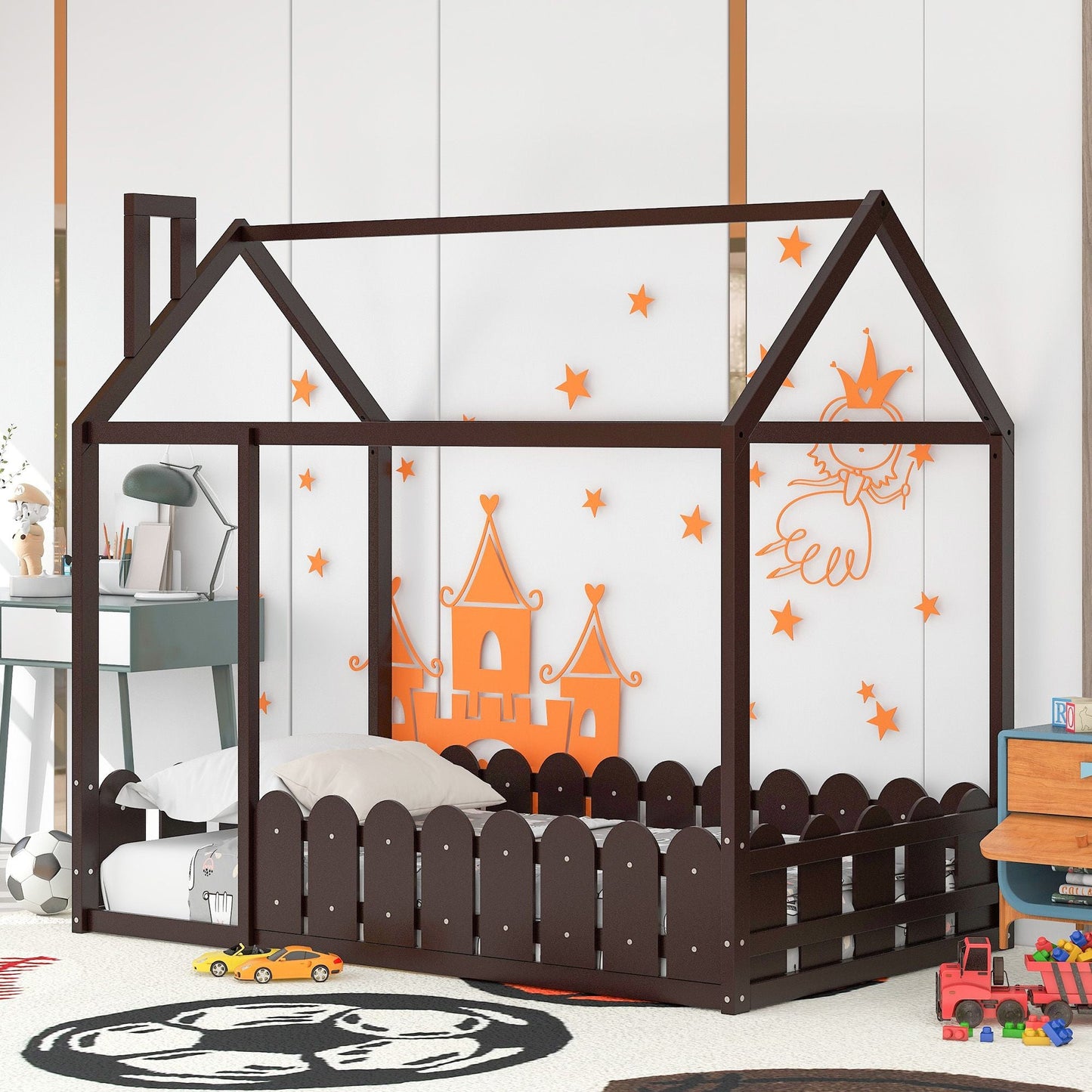 House-Style Twin Wood Bed Frame with Fence for Kids and Teens, Espresso, Gray, White | Just Better Bunk Beds