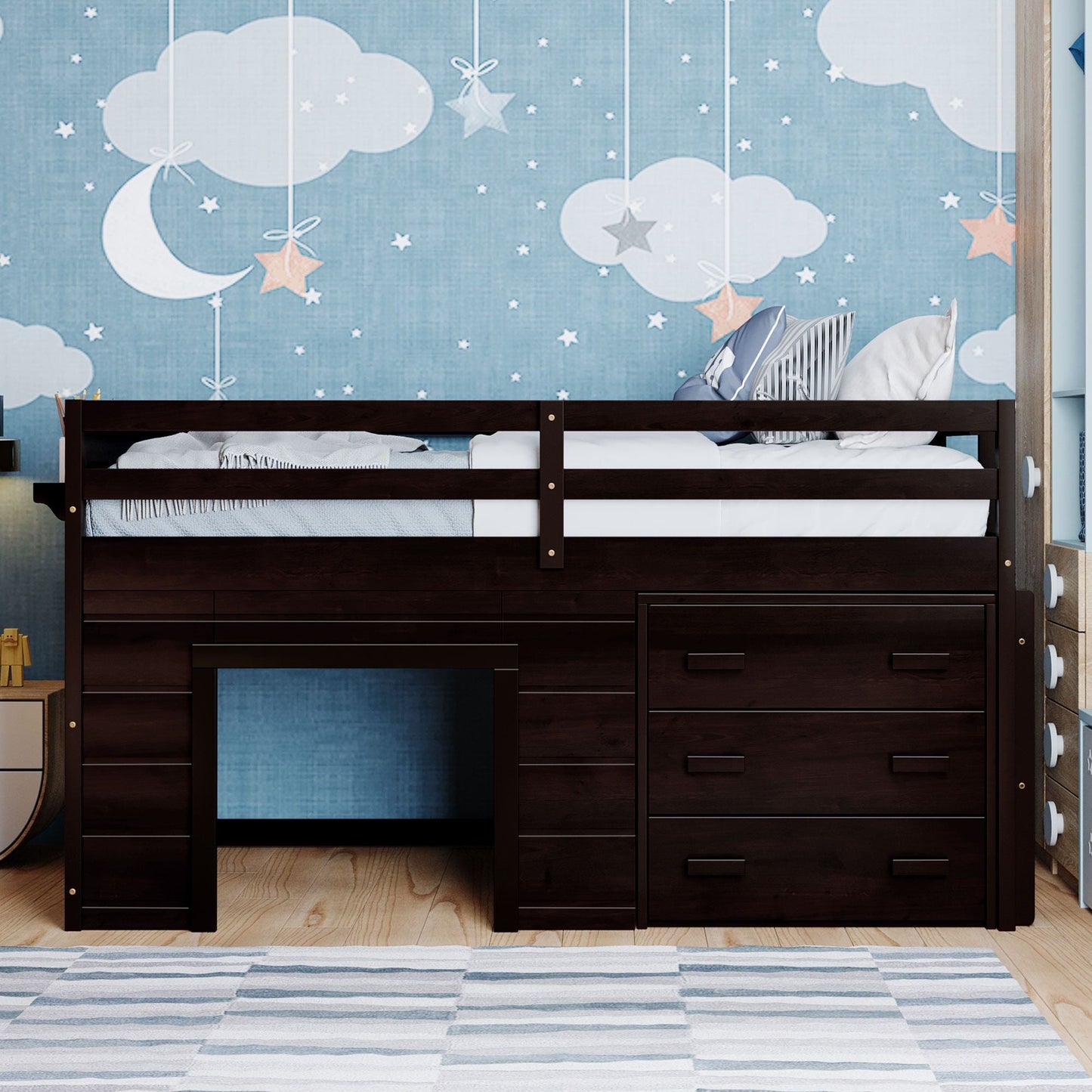 Kids Bedroom Twin Wood Loft Bed with Cabinet and Shelf, White | Just Better Bunk Beds
