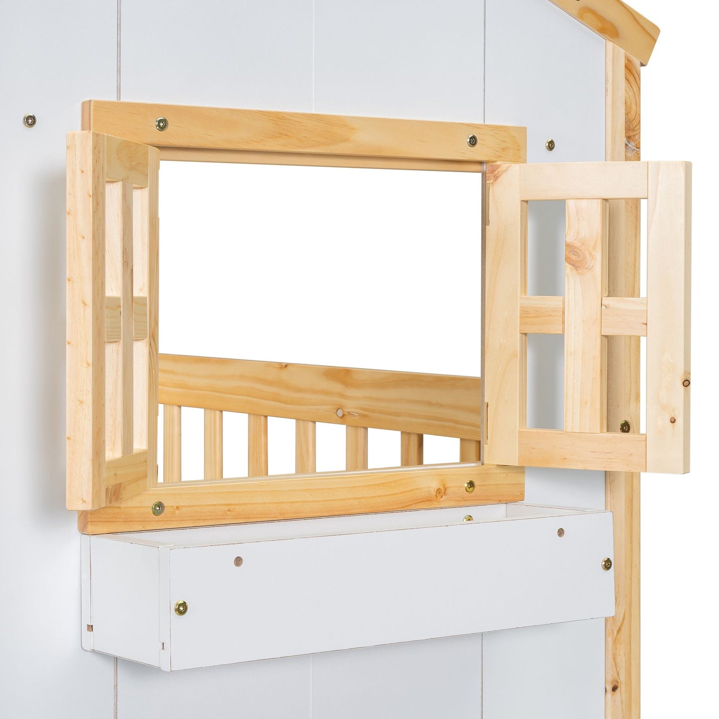 House-Style Twin Over Twin Wood Bunk Bed with Roof, Window, Door, and Ladder, Multiple Colors | Just Better Bunk Beds