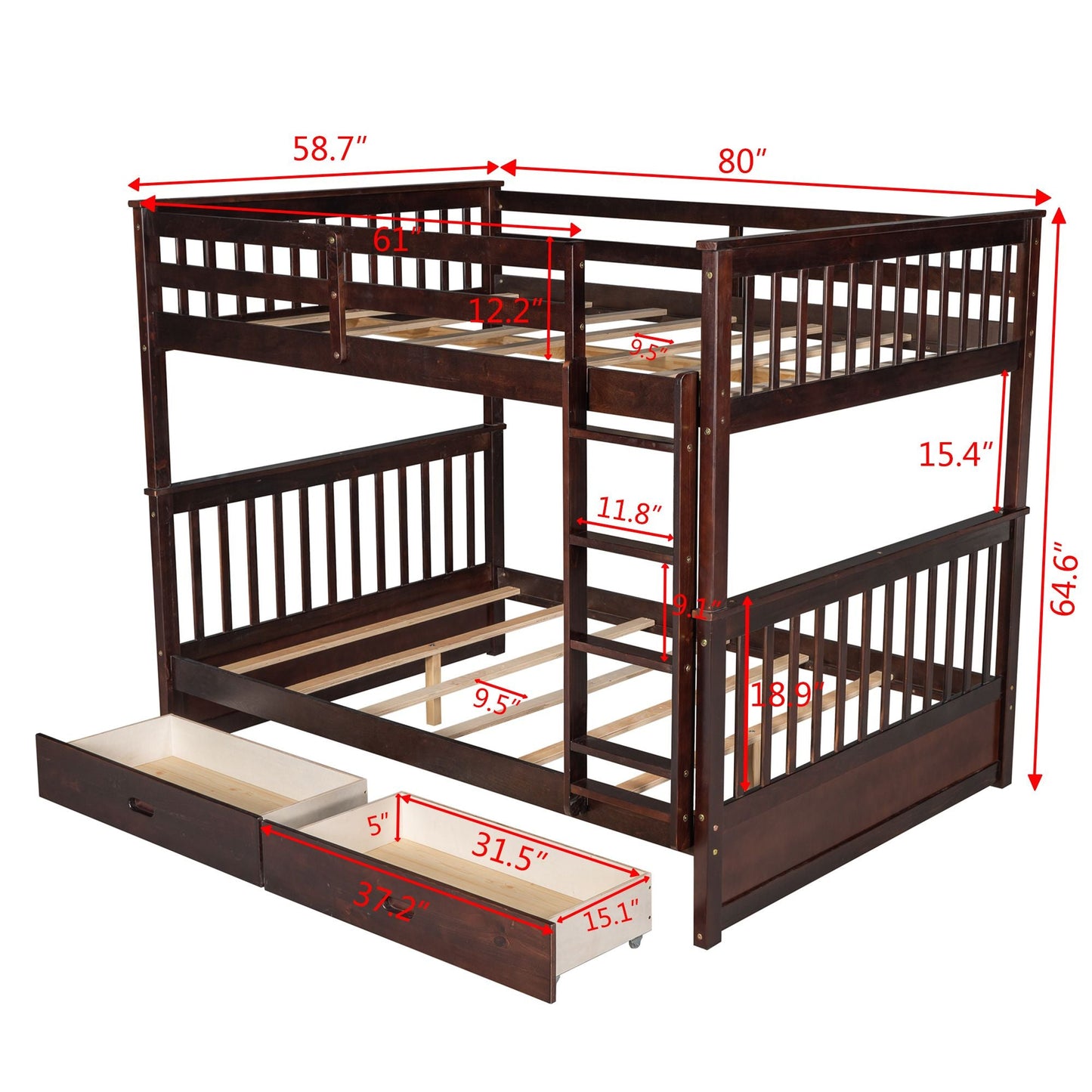 Storage-Enhanced Full Over Full Wood Bunk Bed with Ladders, Two Drawers, White | Just Better Bunk Beds