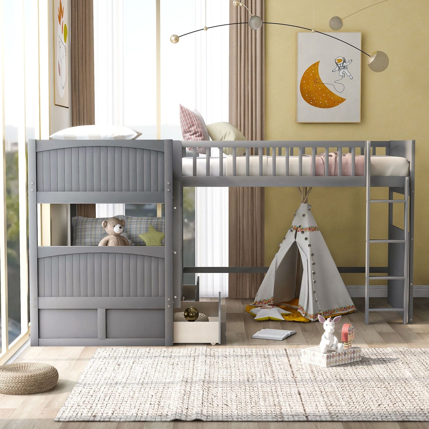 Loft Style Twin Wood Bunk Bed with Two Drawers, Gray | Just Better Bunk Beds