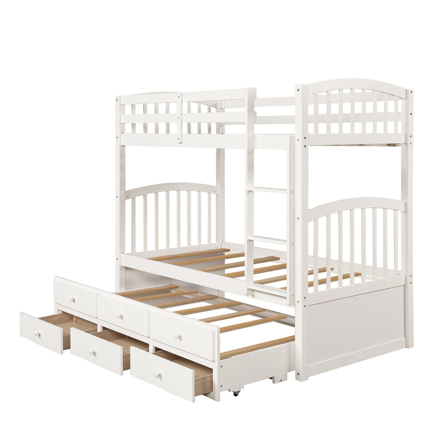 Space-Saving Twin Wood Bunk Bed with Ladder, Safety Rail, Twin Trundle and 3 Drawers, White | Just Better Bunk Beds