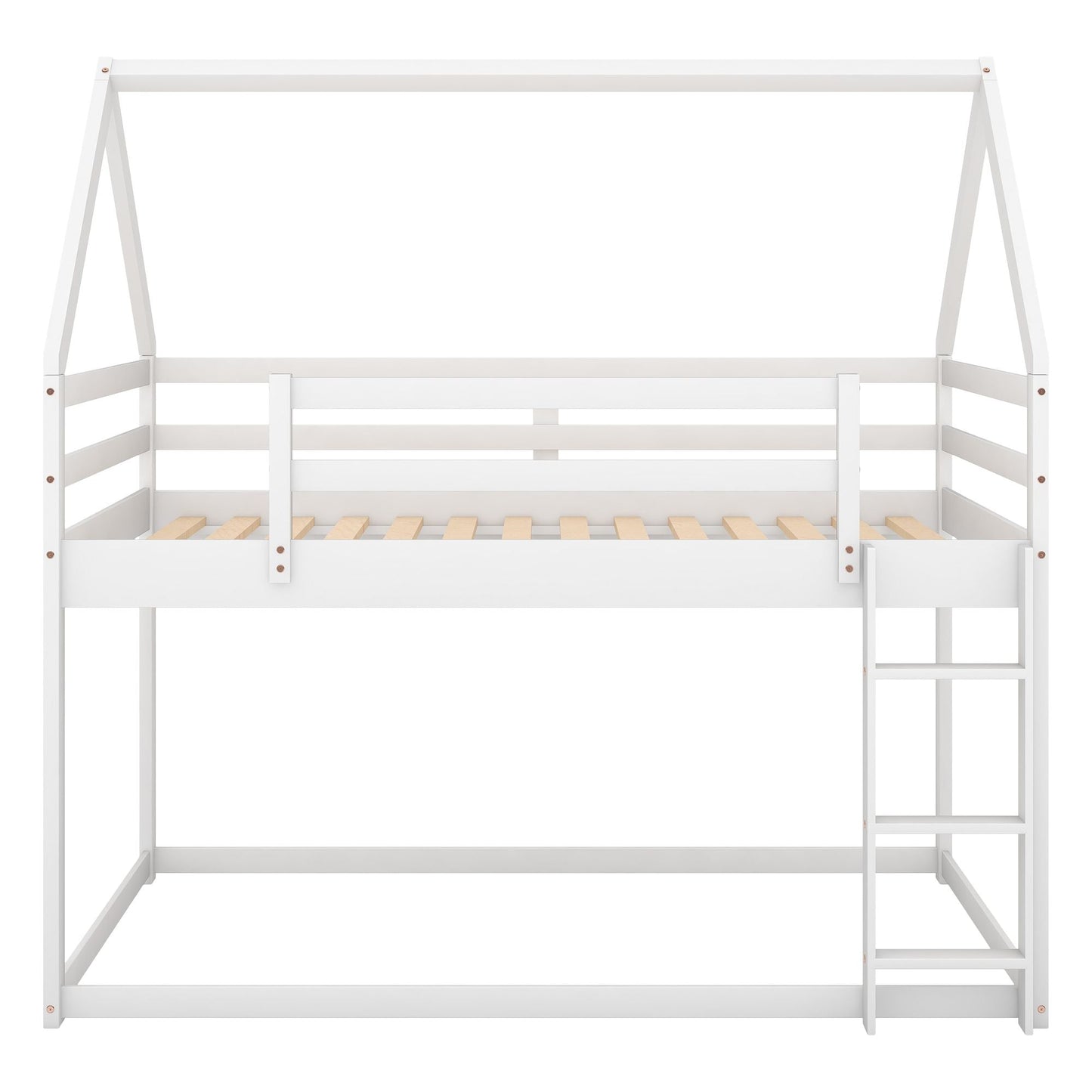 House-Style Low Twin Over Twin Wood Bunk Bed with Ladder, White | Just Better Bunk Beds