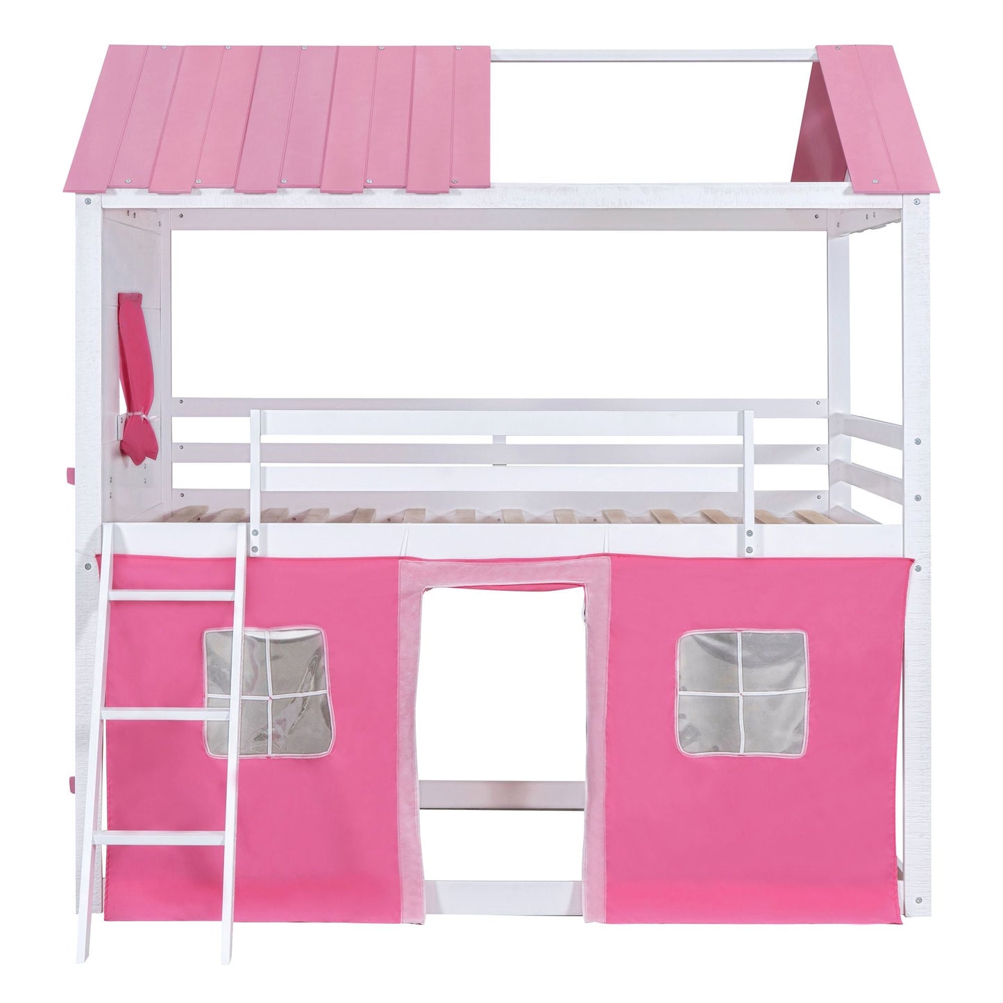 House-Style Full Wood Bunk Bed with Windows, Sills and Tent, Pink and White | Just Better Bunk Beds