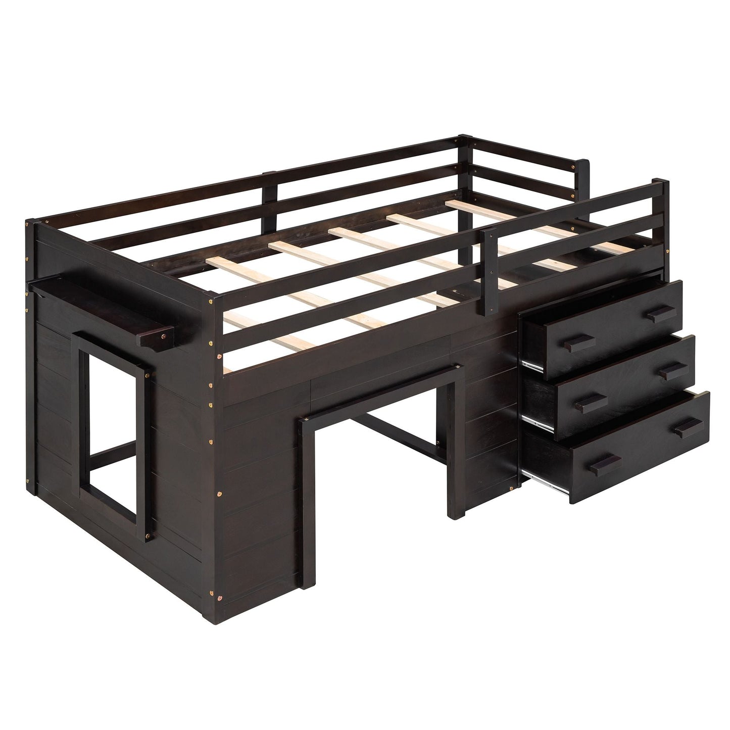 Kids Bedroom Twin Wood Loft Bed with Cabinet and Shelf, White | Just Better Bunk Beds