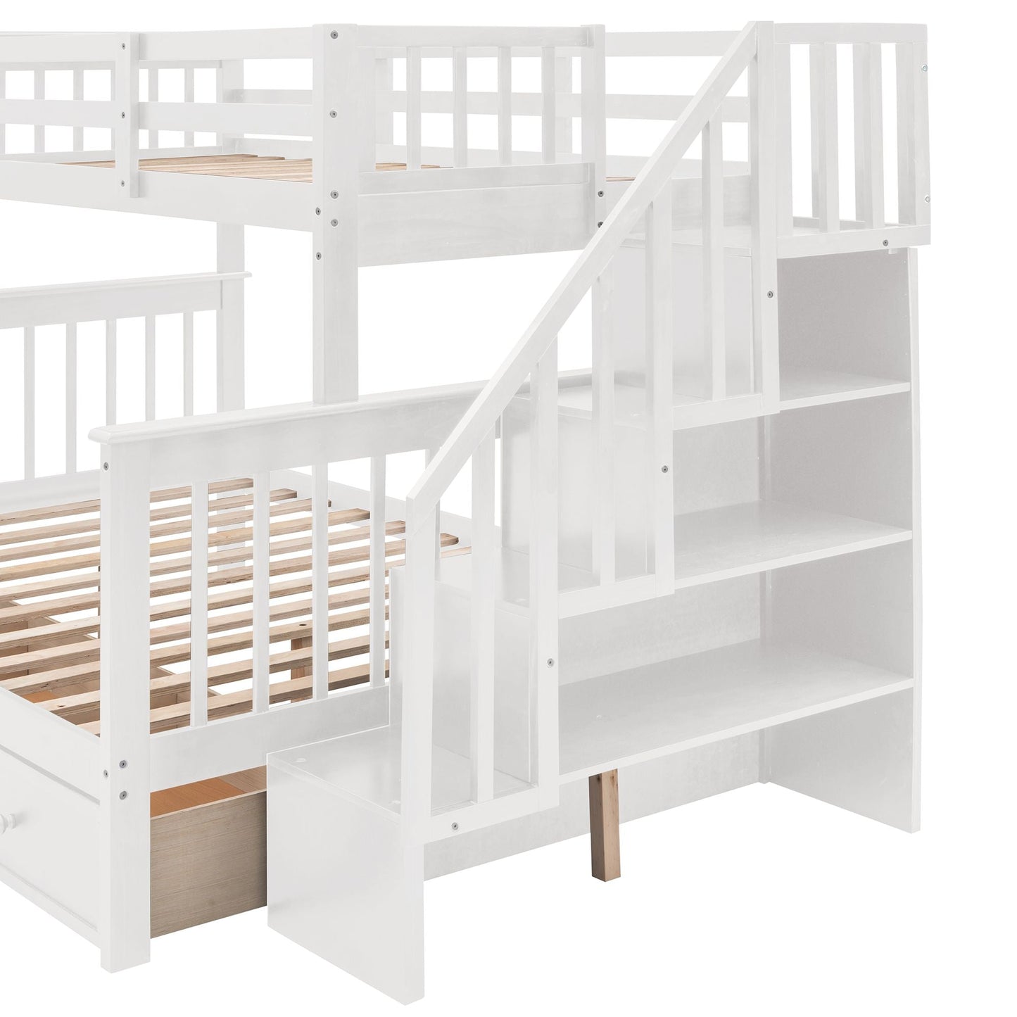 Stairway Twin-Over-Full Bunk Bed with Drawer,  Storage and Guard Rail for Bedroom,  Dorm,  for Adults,  White