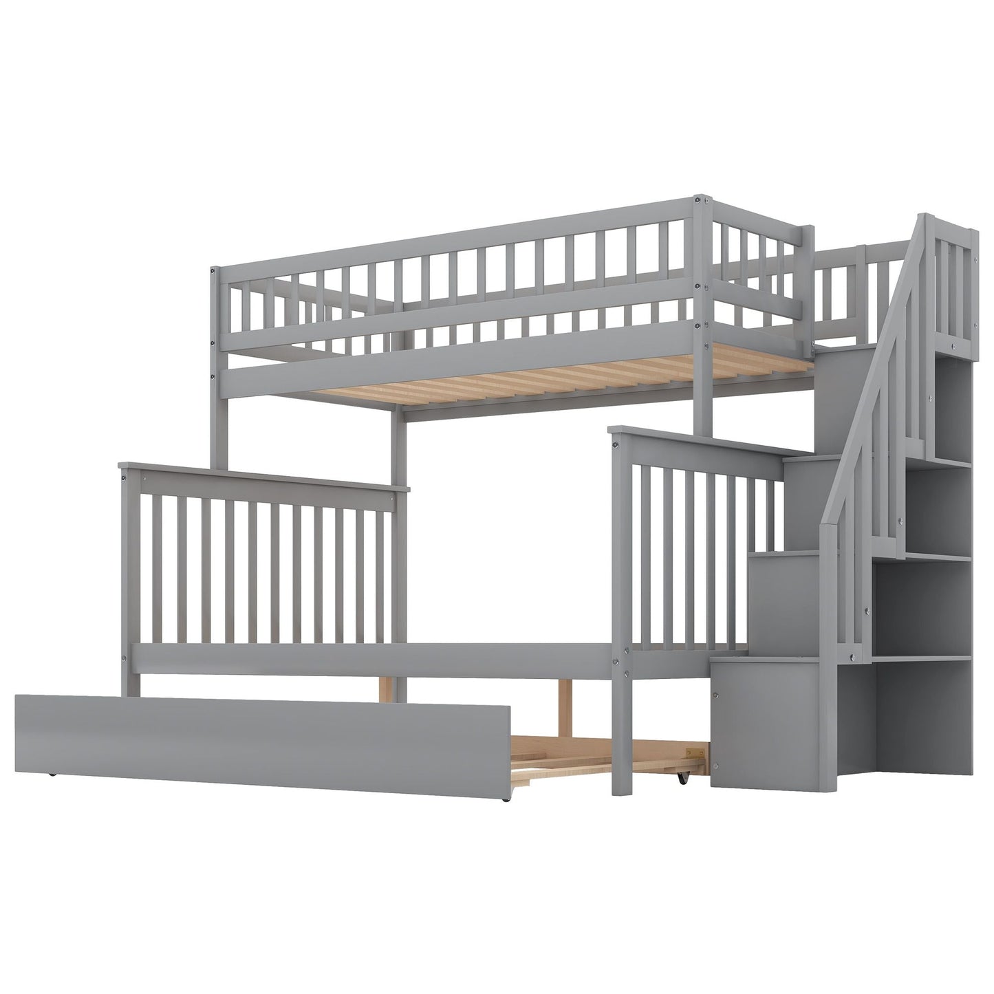 Shared Room Solution Twin Over Full Wood Bunk Bed with Trundle and Staircase, White | Just Better Bunk Beds