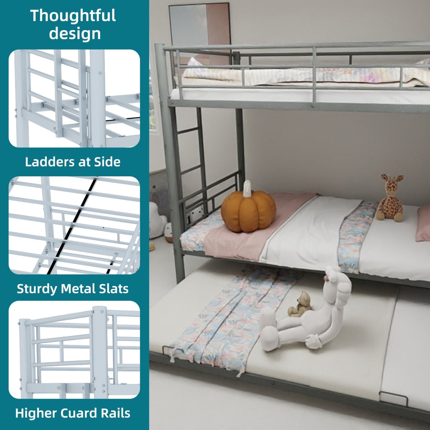 Heavy-Duty Twin Over Twin Wood Bunk Bed with Safety Guardrail, Noise Reduced, Silver | Just Better Bunk Beds