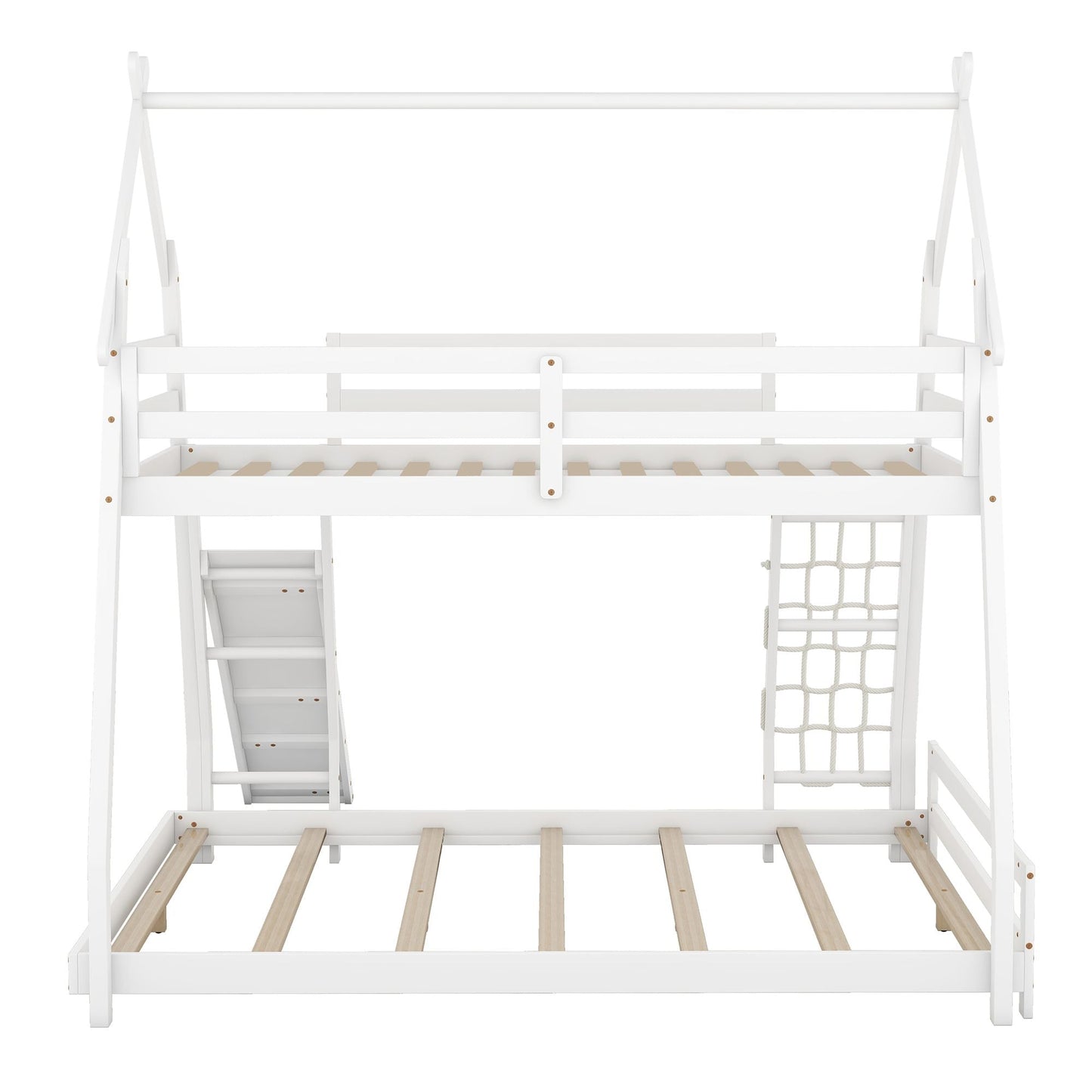 House-Style Twin Over Queen Wood Bunk Bed with Climbing Nets and Ramp, White | Just Better Bunk Beds