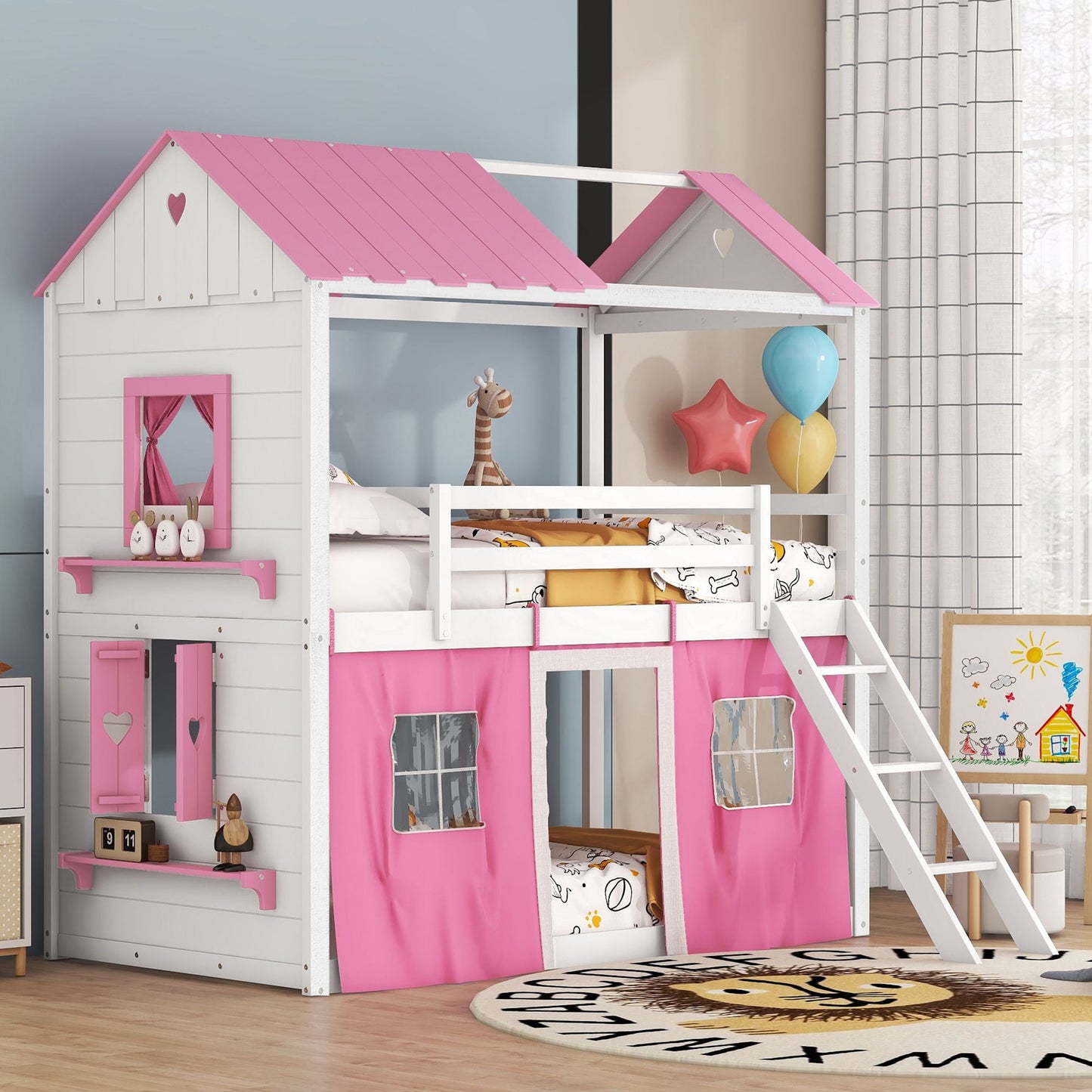 Kids Bedroom Twin Wood House-Style Bunk Bed with Elegant Windows, Sills and Tent, Pink and White | Just Better Bunk Beds