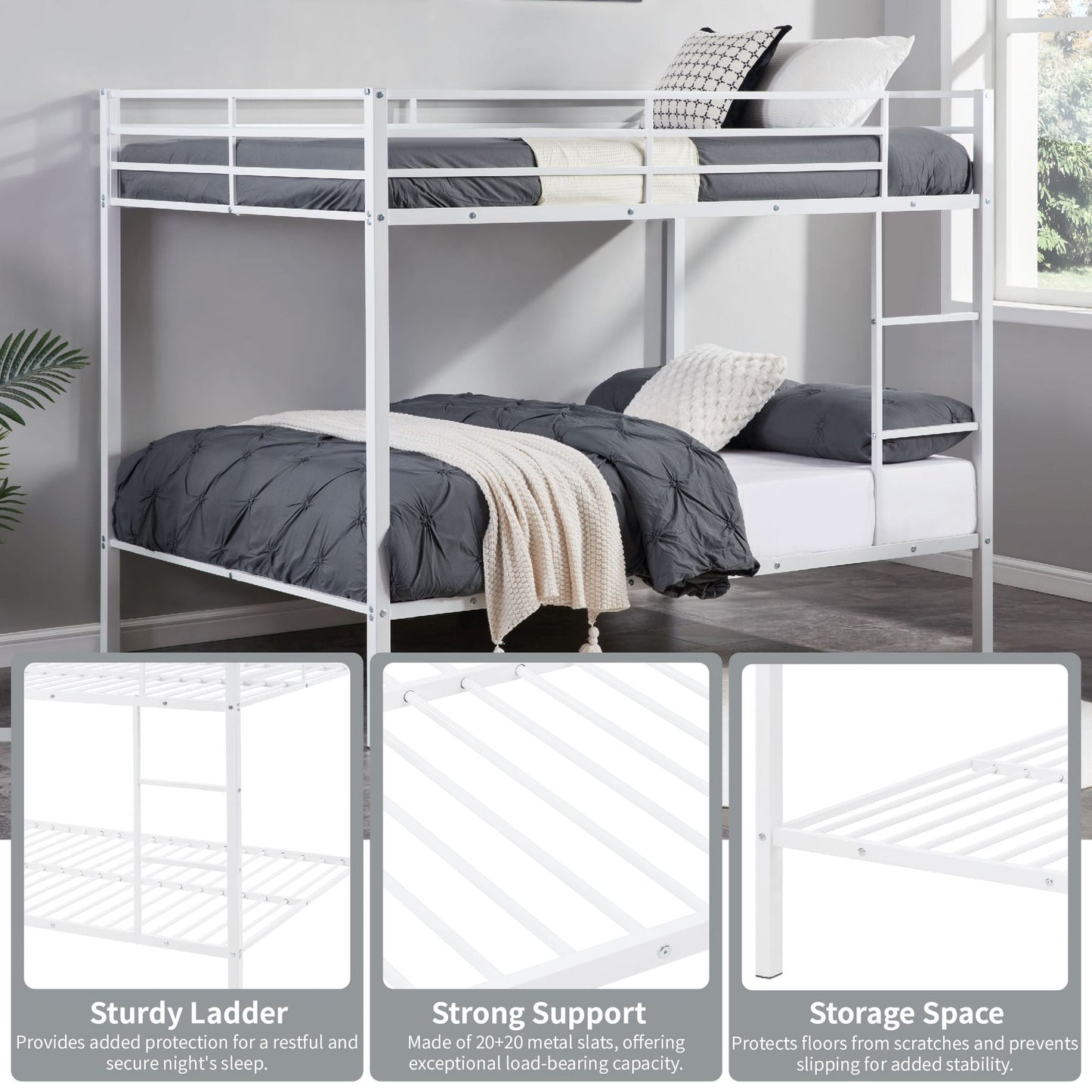 Heavy-Duty Full Over Full Metal Bunk Bed with Built-In Ladder and Safety Guard Rail, White | Just Better Bunk Beds