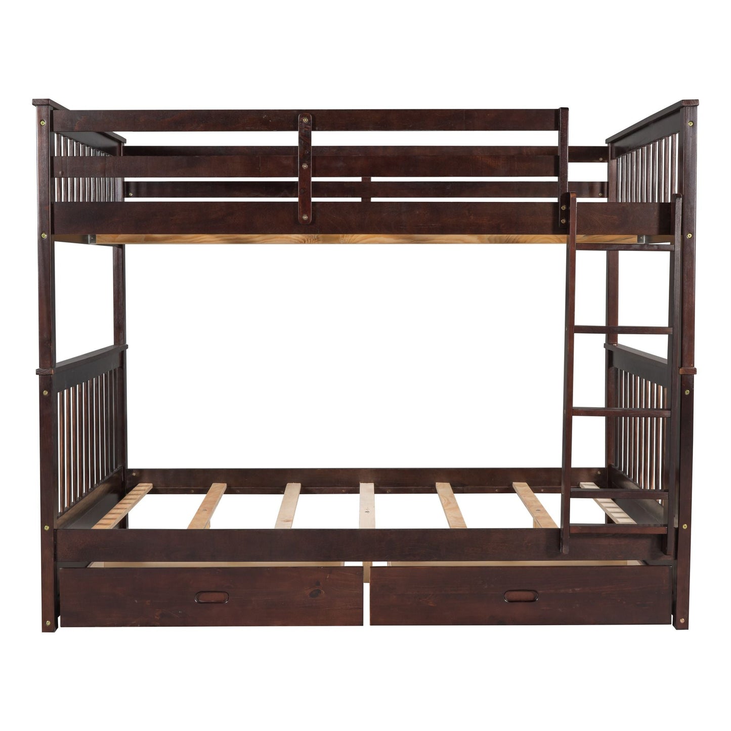 Storage-Focused Full Over Full Wood Bunk Bed with Ladders and Drawers, Espresso | Just Better Bunk Beds