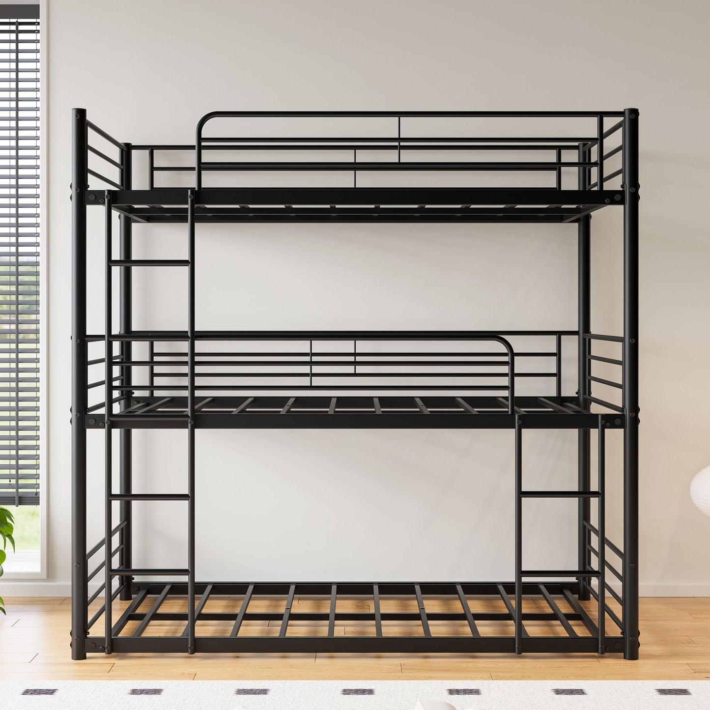 Heavy-Duty Triple Twin Over Twin Over Twin Metal Bunk Bed with Platform Frame and Guard Rail, Black | Just Better Bunk Beds