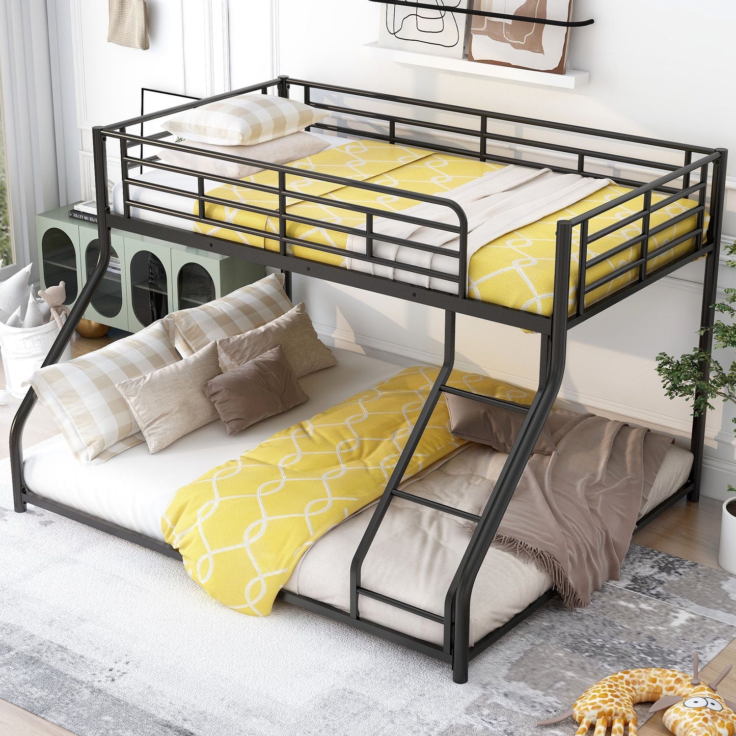 Space-Saving Twin XL Over Queen Metal Floor Bunk Bed, Black | Just Better Bunk Beds