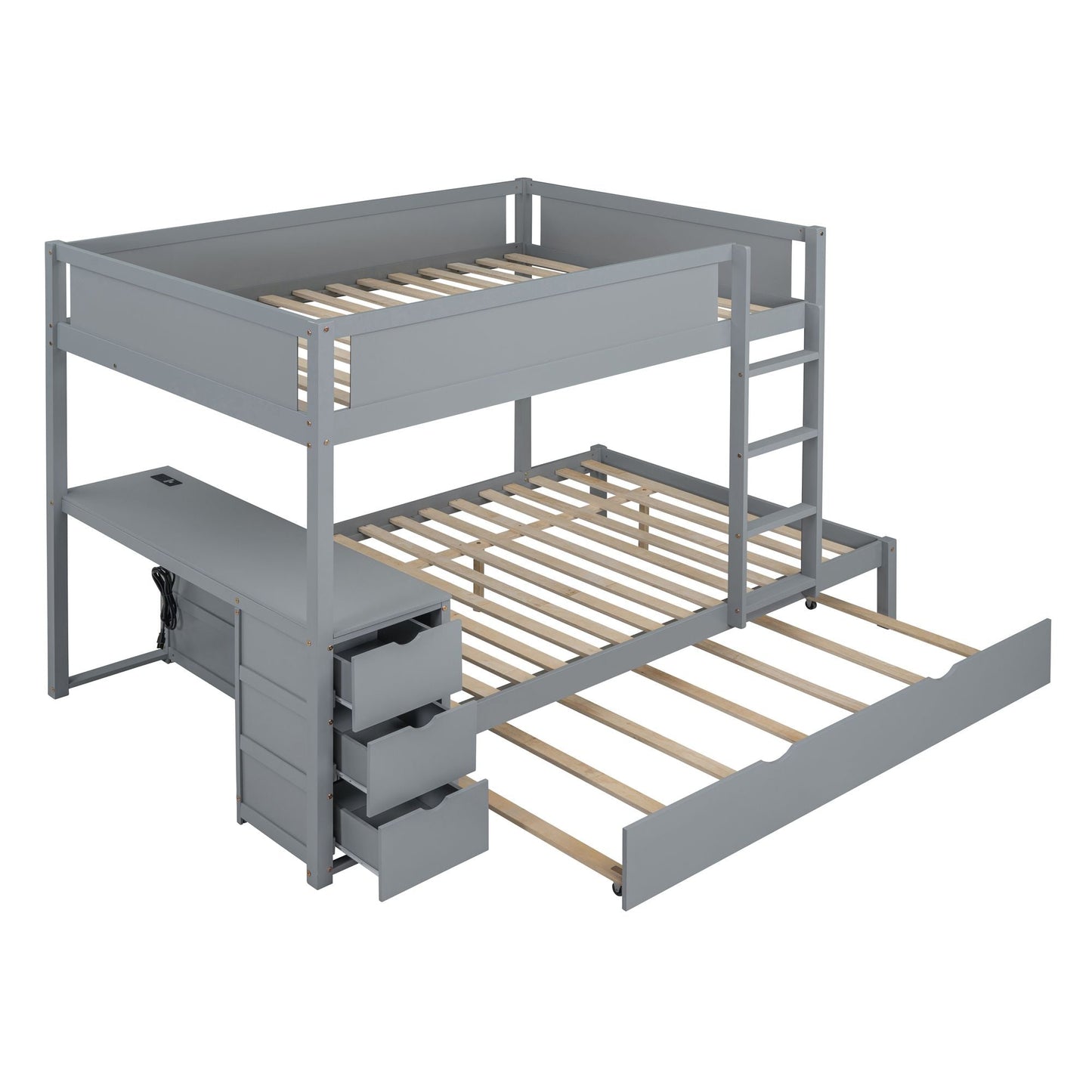 Multi-Functional Full Over Full Wood Bunk Bed with Trundle, Storage, and Desk, Gray | Just Better Bunk Beds
