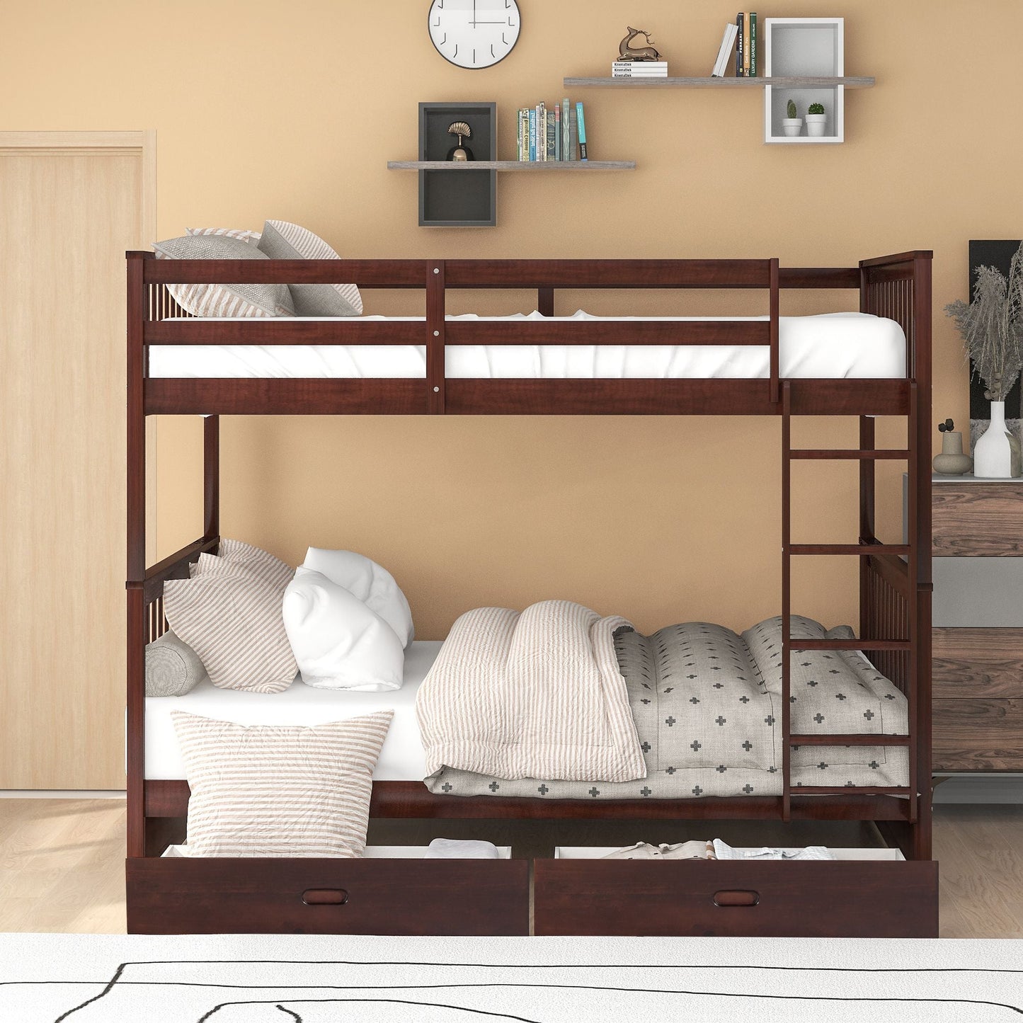 Storage-Focused Full Over Full Wood Bunk Bed with Ladders and Drawers, Espresso | Just Better Bunk Beds