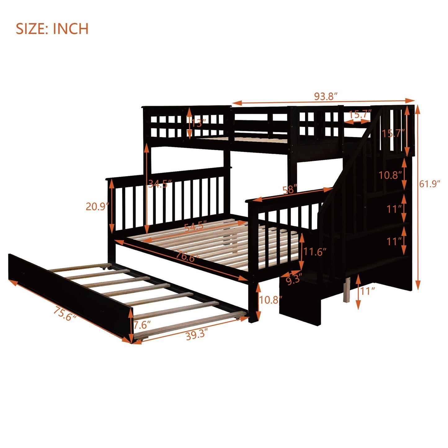 Twin-Over-Full Bunk Bed with Twin size Trundle,  Storage and Guard Rail for Bedroom,  Dorm,  for Adults,  Espresso