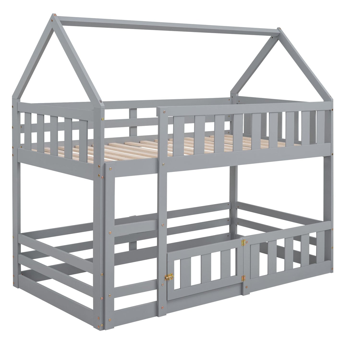 Kids Bedroom Twin Over Twin Wood House Bunk Bed with Fence and Door, Gray | Just Better Bunk Beds