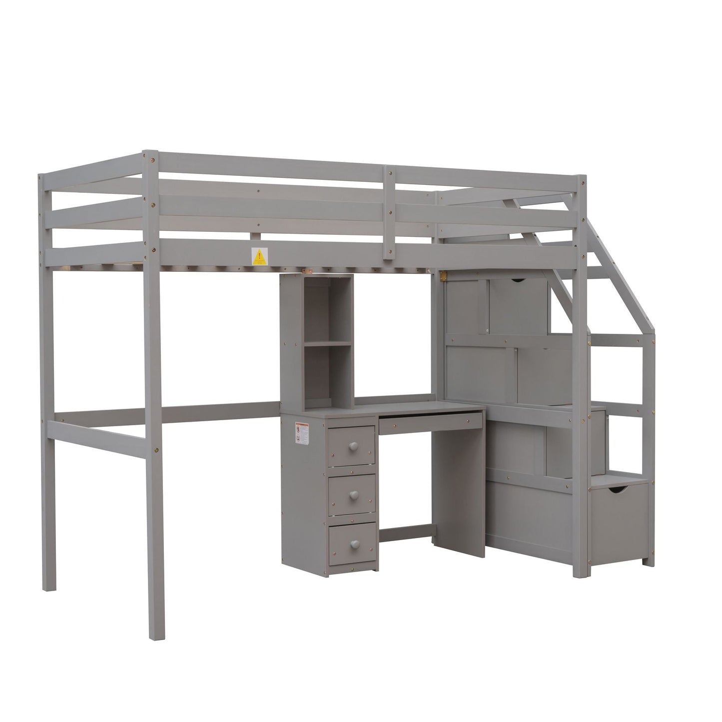 Space-Saving Twin Wood Loft Bed with Stand-Alone Bed, Storage Staircase, Desk, Shelves and Drawers, White | Just Better Bunk Beds