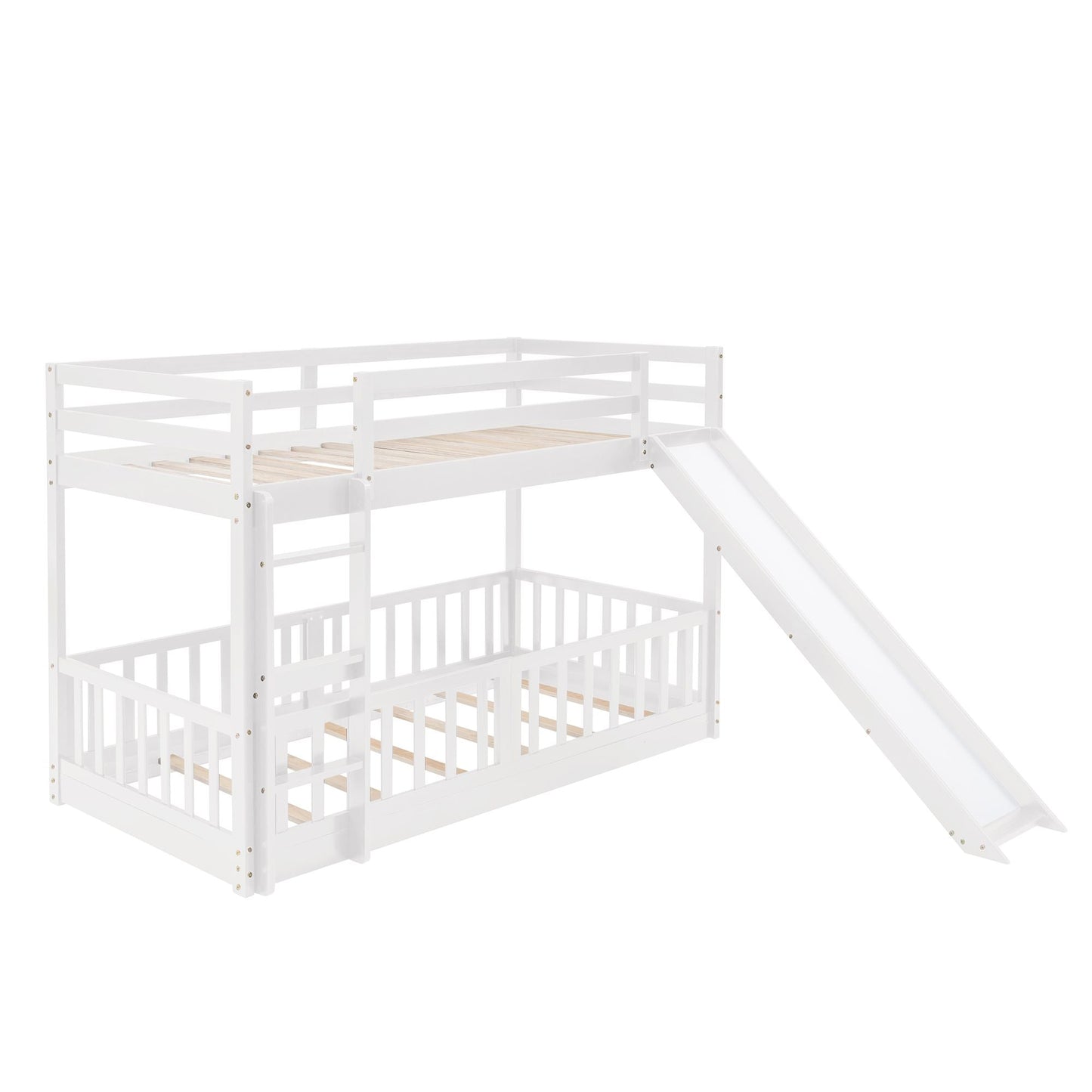 Twin Over Twin Bunk Bed with Slide and Ladder,  White