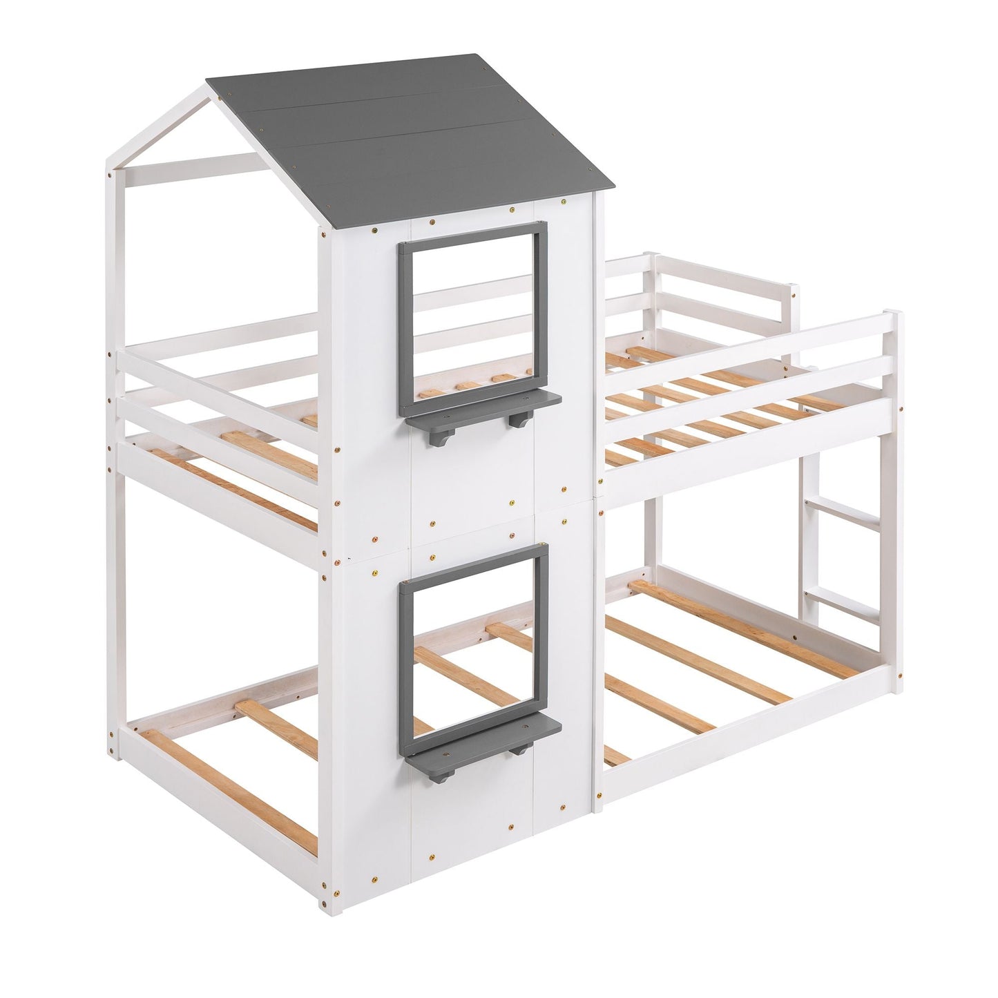 Kids Bedroom Twin Over Twin Wood Bunk Bed with Roof, Window, Guardrail, Ladder, White | Just Better Bunk Beds