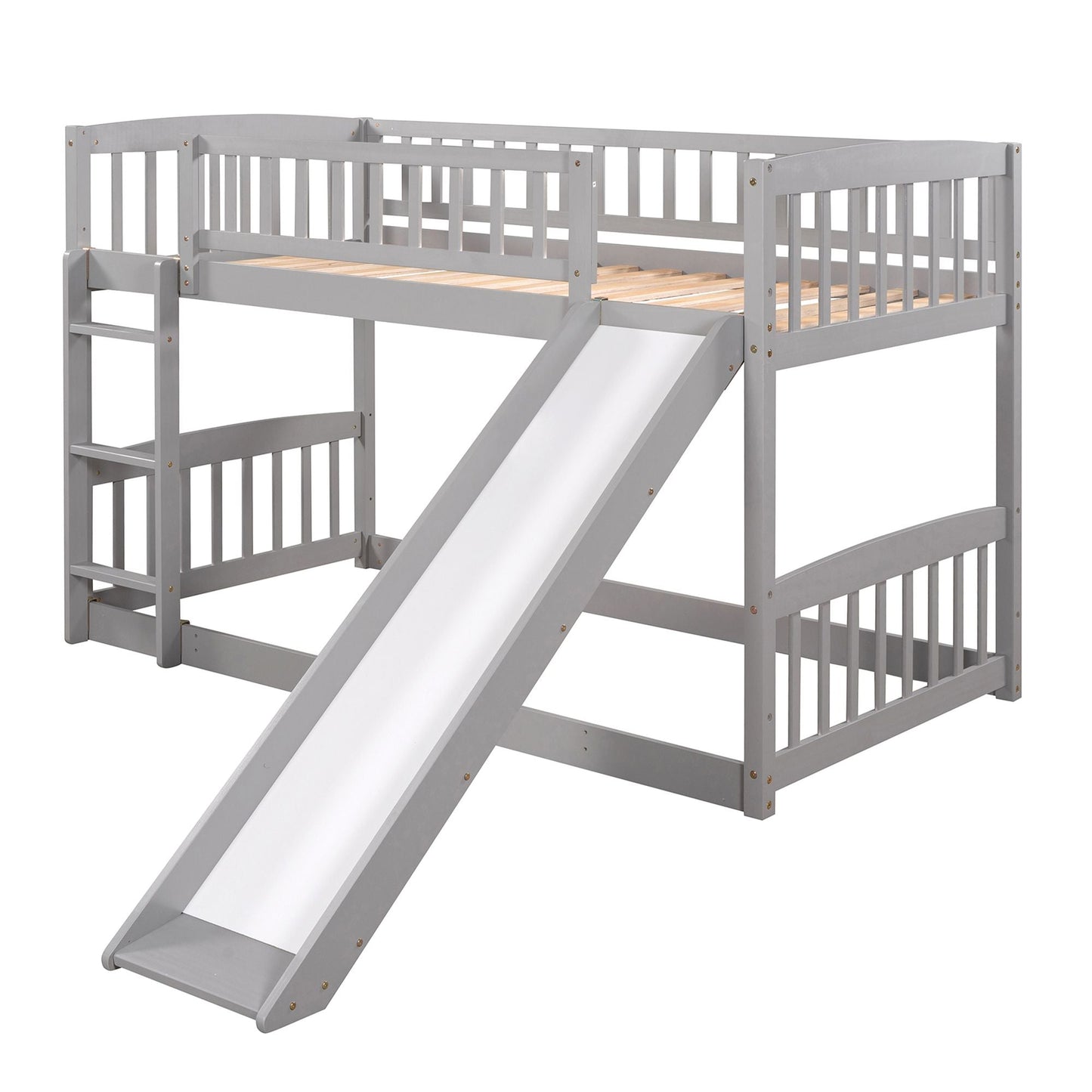 Kids Bedroom Twin Over Twin Wood Low Bunk Bed with Slide, Fence and Ladder, White | Just Better Bunk Beds