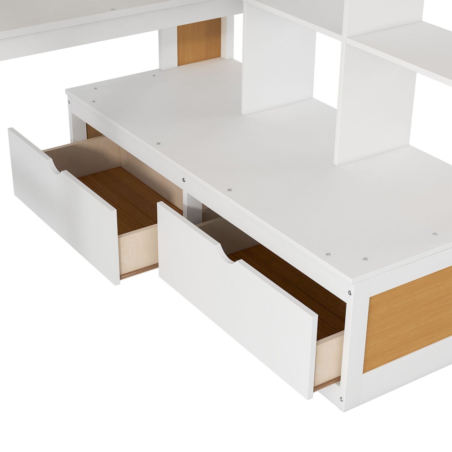 Space-Saving Full Wood Loft Bed with Desk, Shelves, Drawers, Storage Staircase, White and Natural | Just Better Bunk Beds