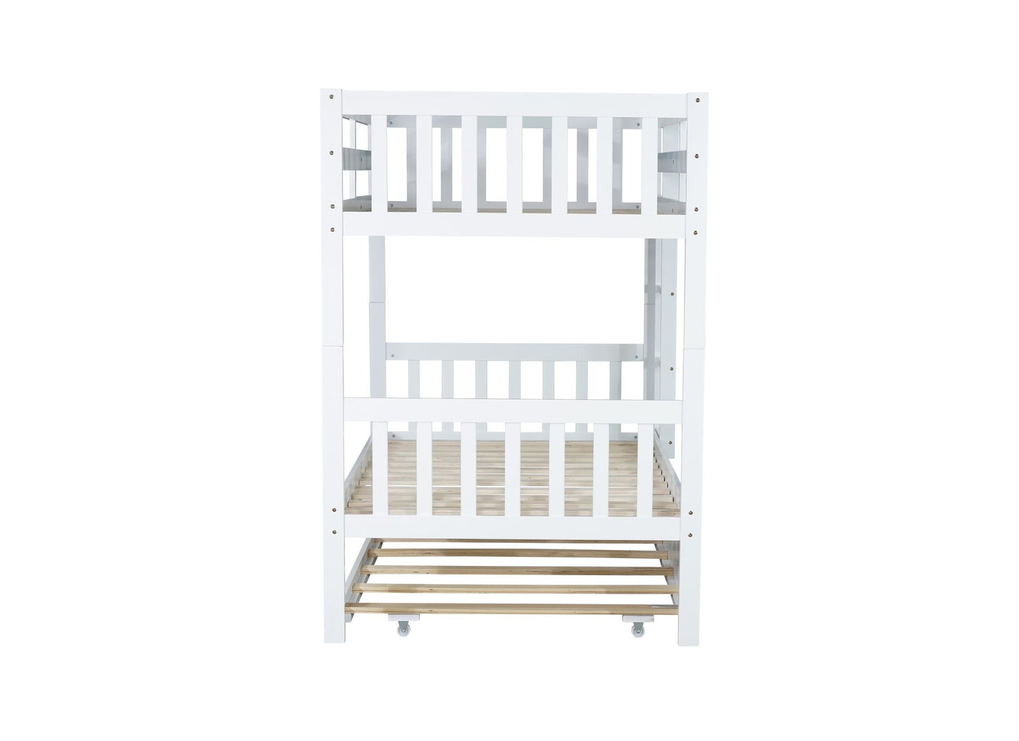 Convertible Twin Over Twin Rubber Wood Bunk Bed with Trundle, Ladder, Safety Guardrails, White | Just Better Bunk Beds