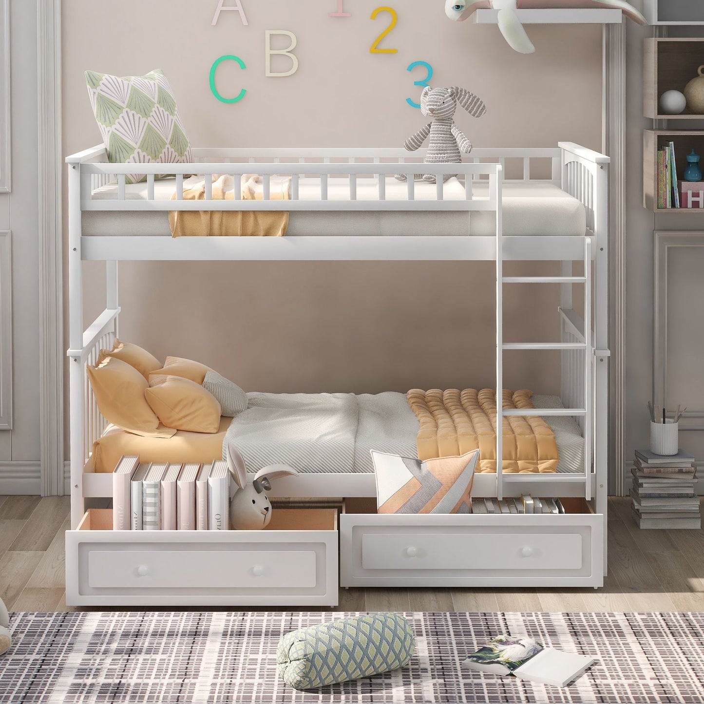 Twin over Twin Bunk Bed with Drawers,  Convertible Beds,  White