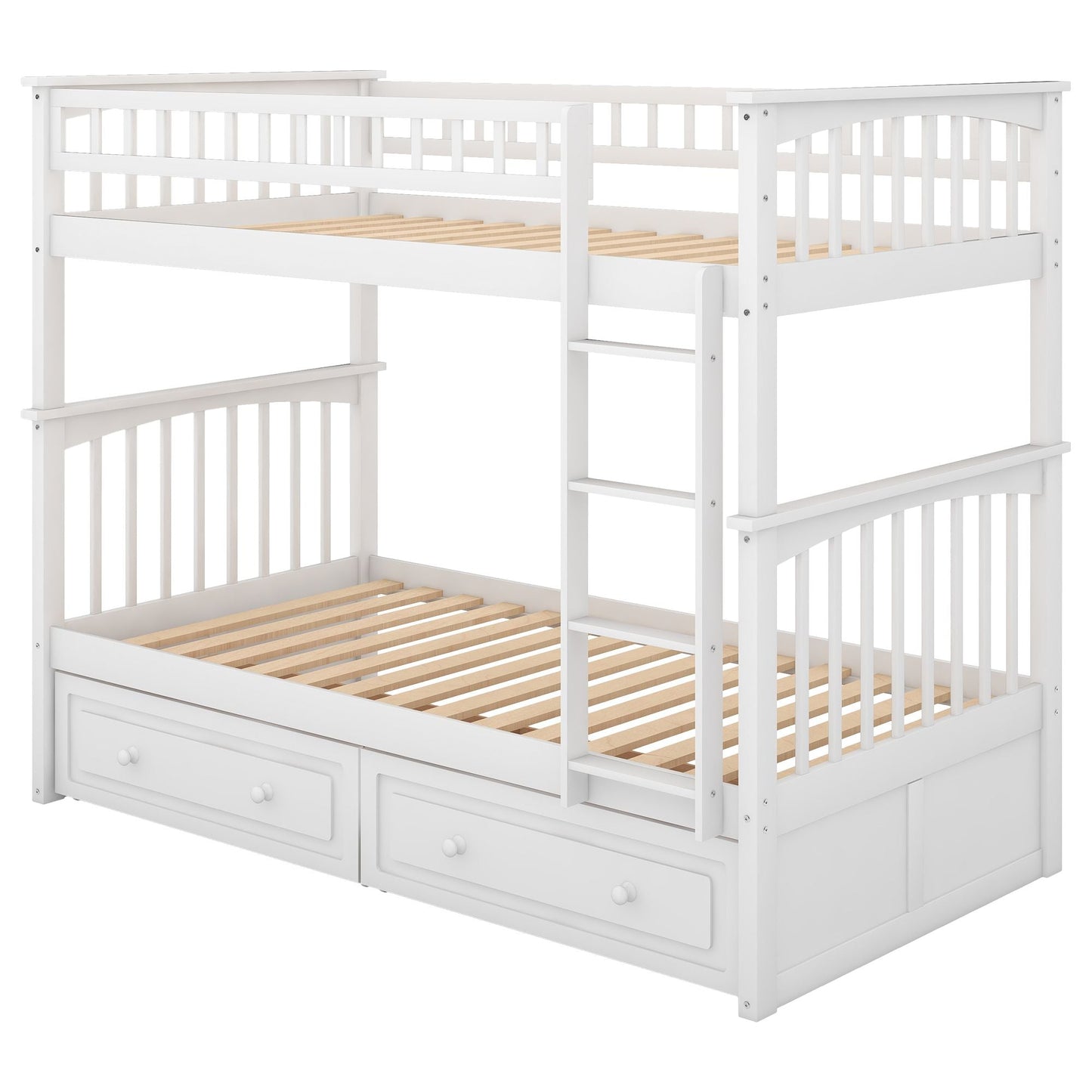 Twin over Twin Bunk Bed with Drawers,  Convertible Beds,  White