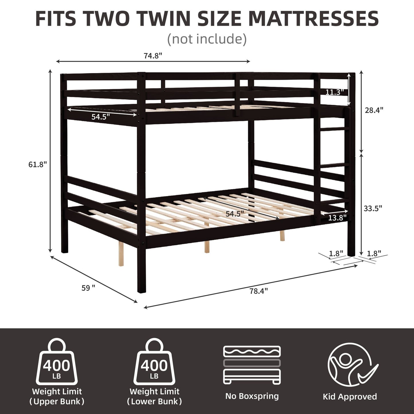 Dorm Room Full Over Full Wood Bunk Bed with Ladder and Guardrail, Espresso | Just Better Bunk Beds