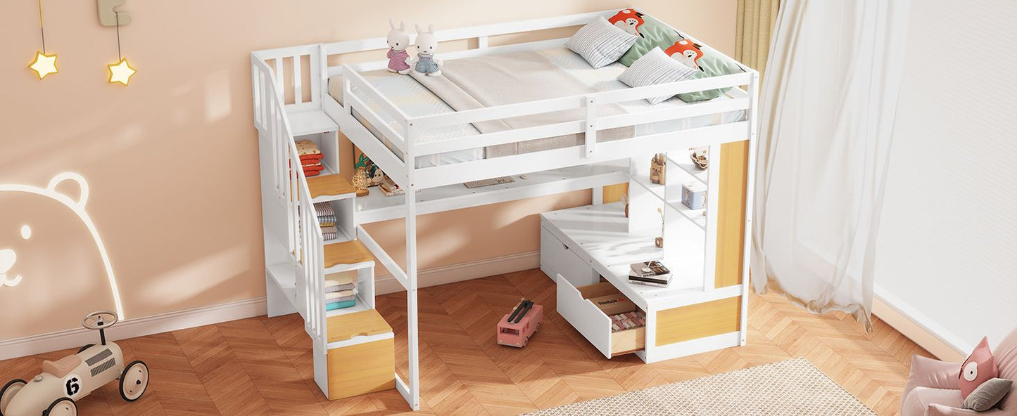 Space-Saving Full Wood Loft Bed with Desk, Shelves, Drawers, Storage Staircase, White and Natural | Just Better Bunk Beds