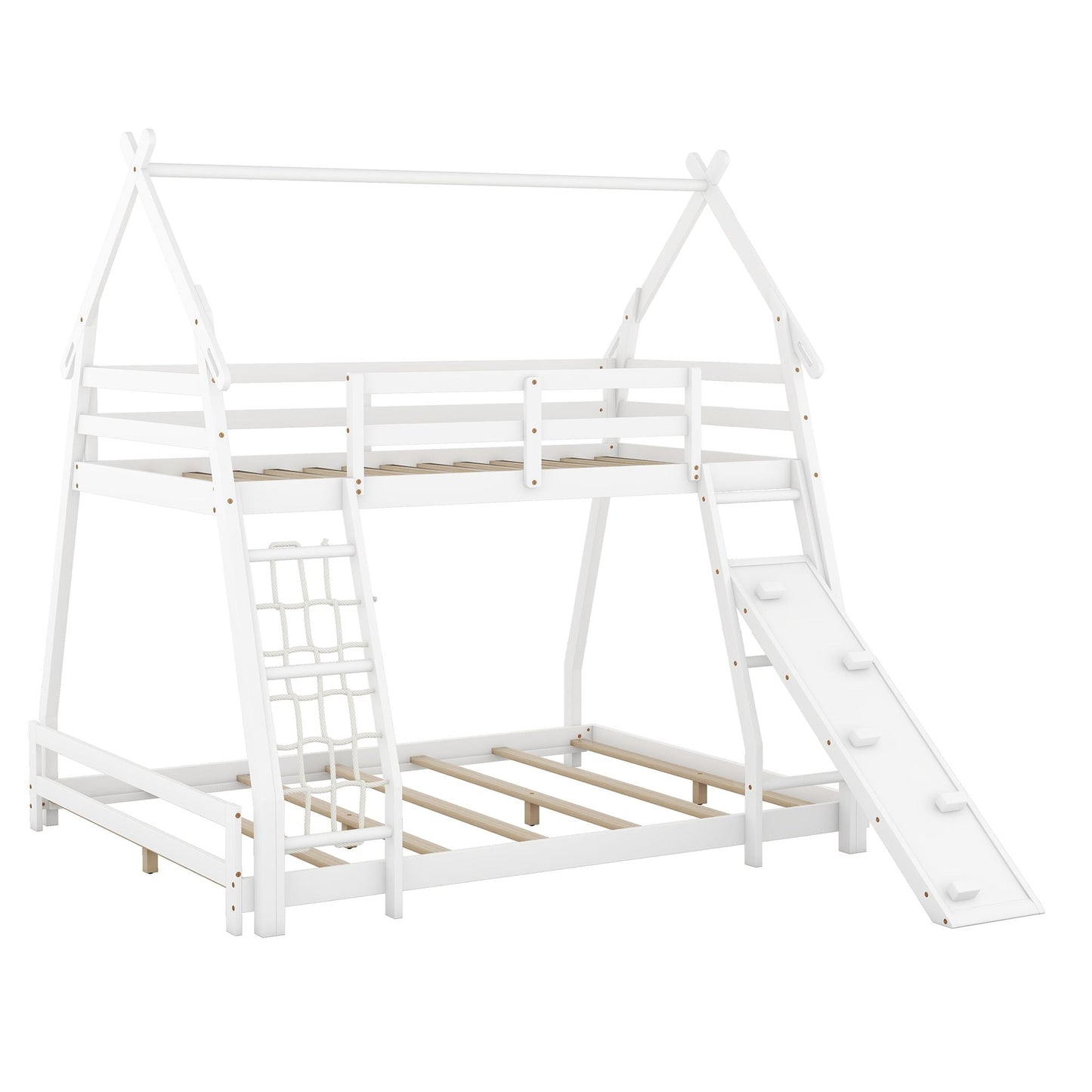 House-Style Twin Over Queen Wood Bunk Bed with Climbing Nets and Ramp, White | Just Better Bunk Beds
