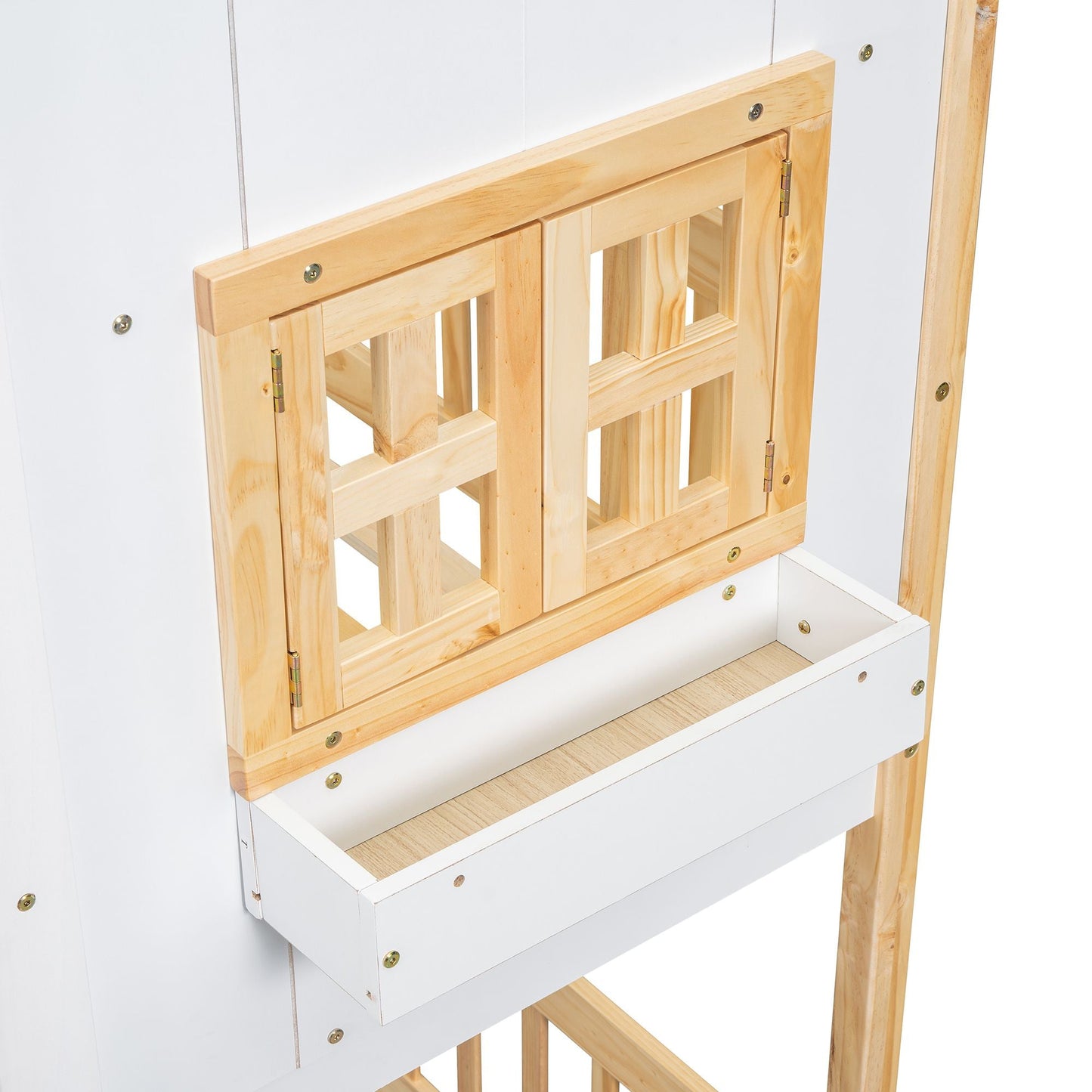 House-Style Twin Over Twin Wood Bunk Bed with Roof, Window, Door, and Ladder, Multiple Colors | Just Better Bunk Beds