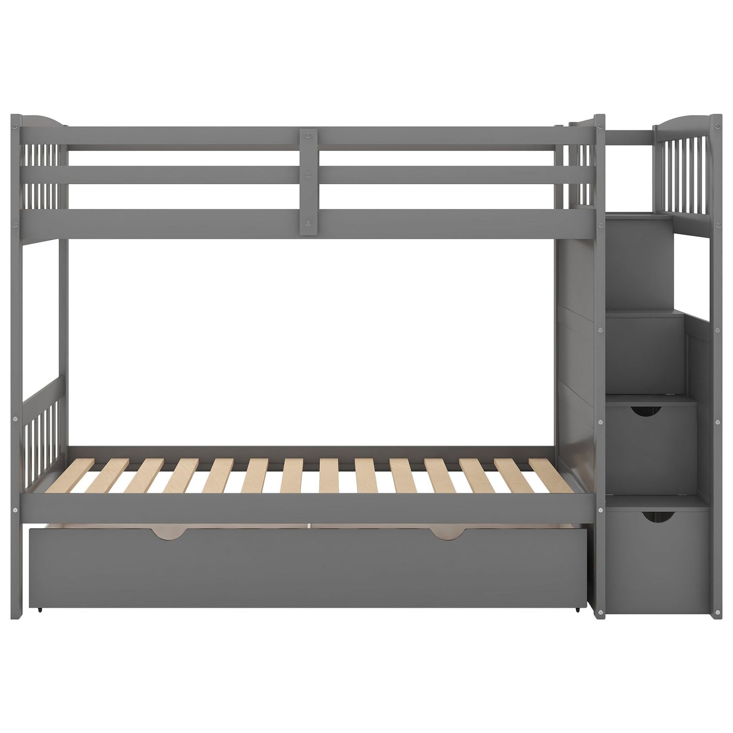 Convertible Twin Over Full/Twin Wood Bunk Bed with Storage Shelves and Drawers, Gray | Just Better Bunk Beds