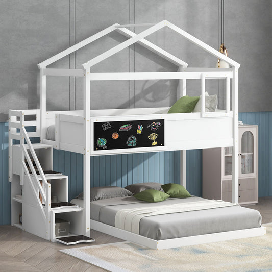 Staircase Storage Twin Over Full Wood House Bunk Bed with Blackboard, Gray and White | Just Better Bunk Beds