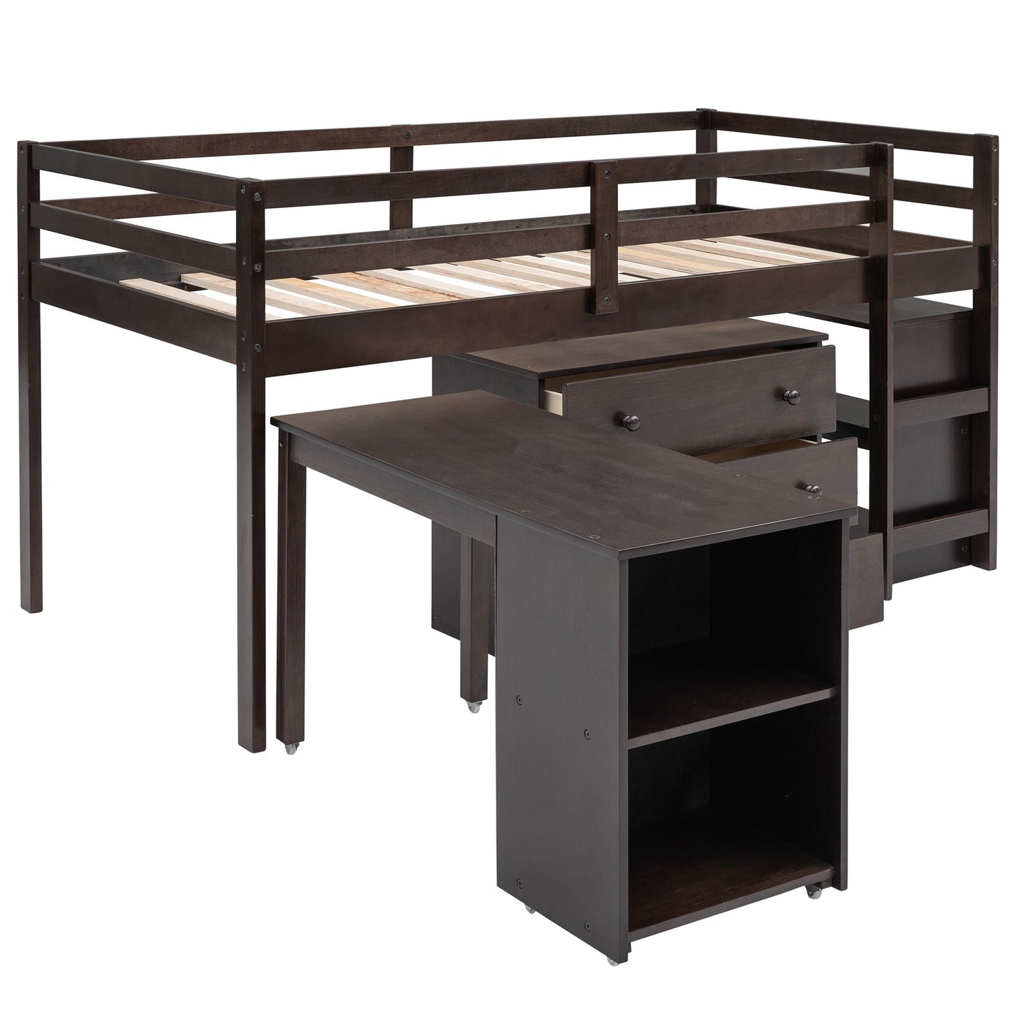 Kids Bedroom Twin Wood Loft Bed with Cabinet and Rolling Desk, White | Just Better Bunk Beds