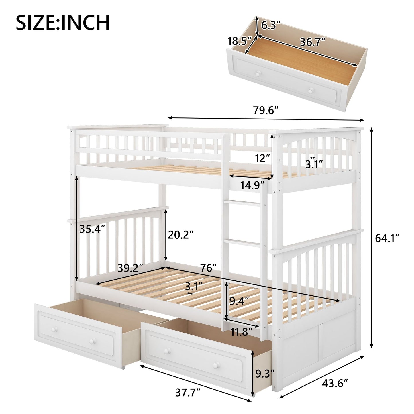 Twin over Twin Bunk Bed with Drawers,  Convertible Beds,  White
