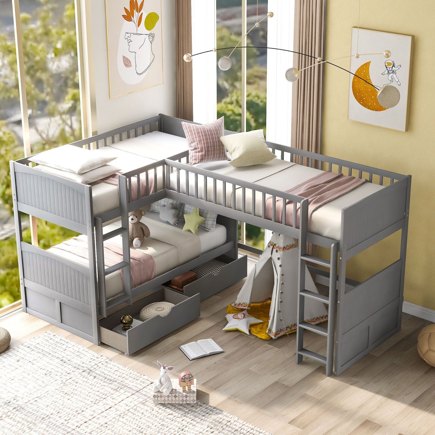Space-Saving Twin Wood Bunk Bed with Loft and Two Drawers, Gray | Just Better Bunk Beds