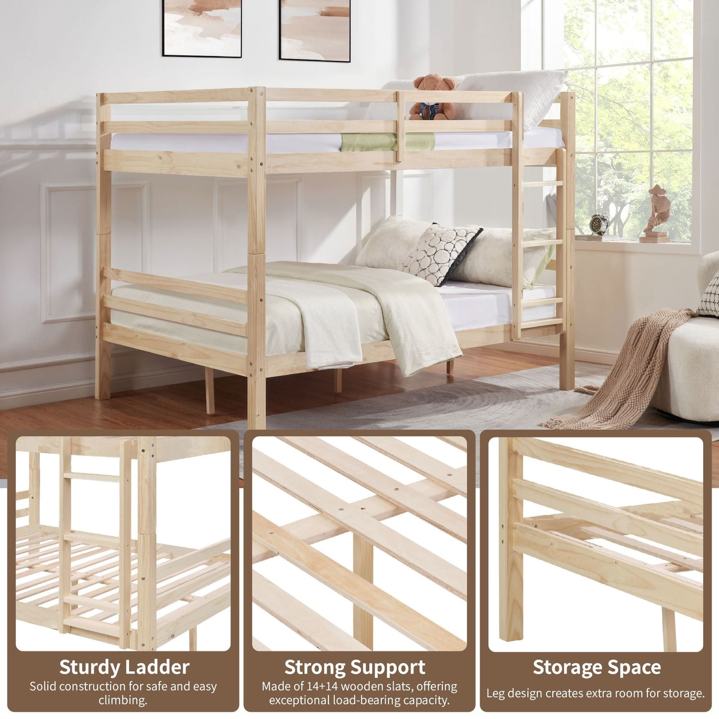 Heavy-Duty Full Over Full Wood Bunk Bed with Thick Posts, High Guardrail, Ladder, Natural | Just Better Bunk Beds