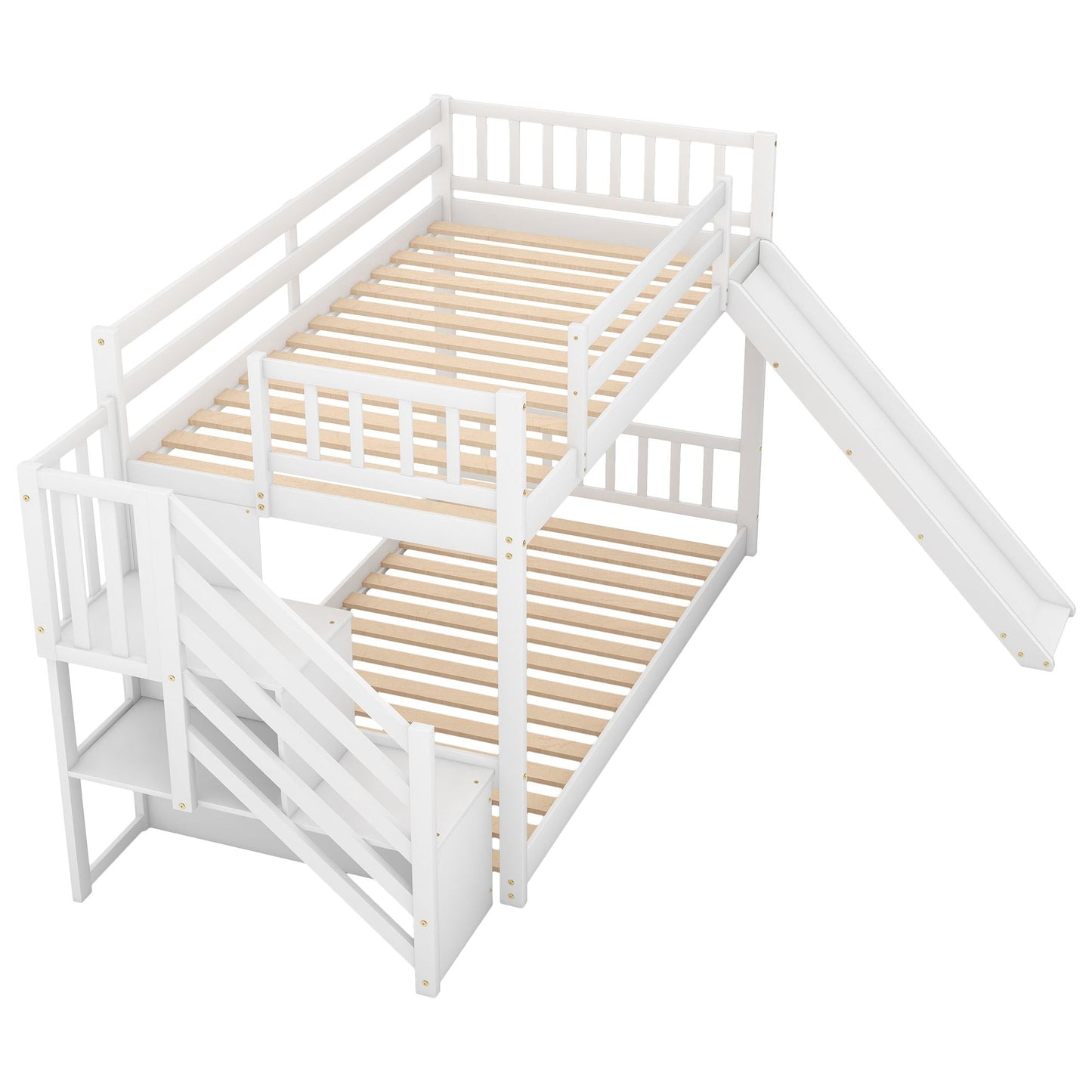 Convertible Twin Over Twin Wood Bunk Bed with Slide and Stairway, White | Just Better Bunk Beds