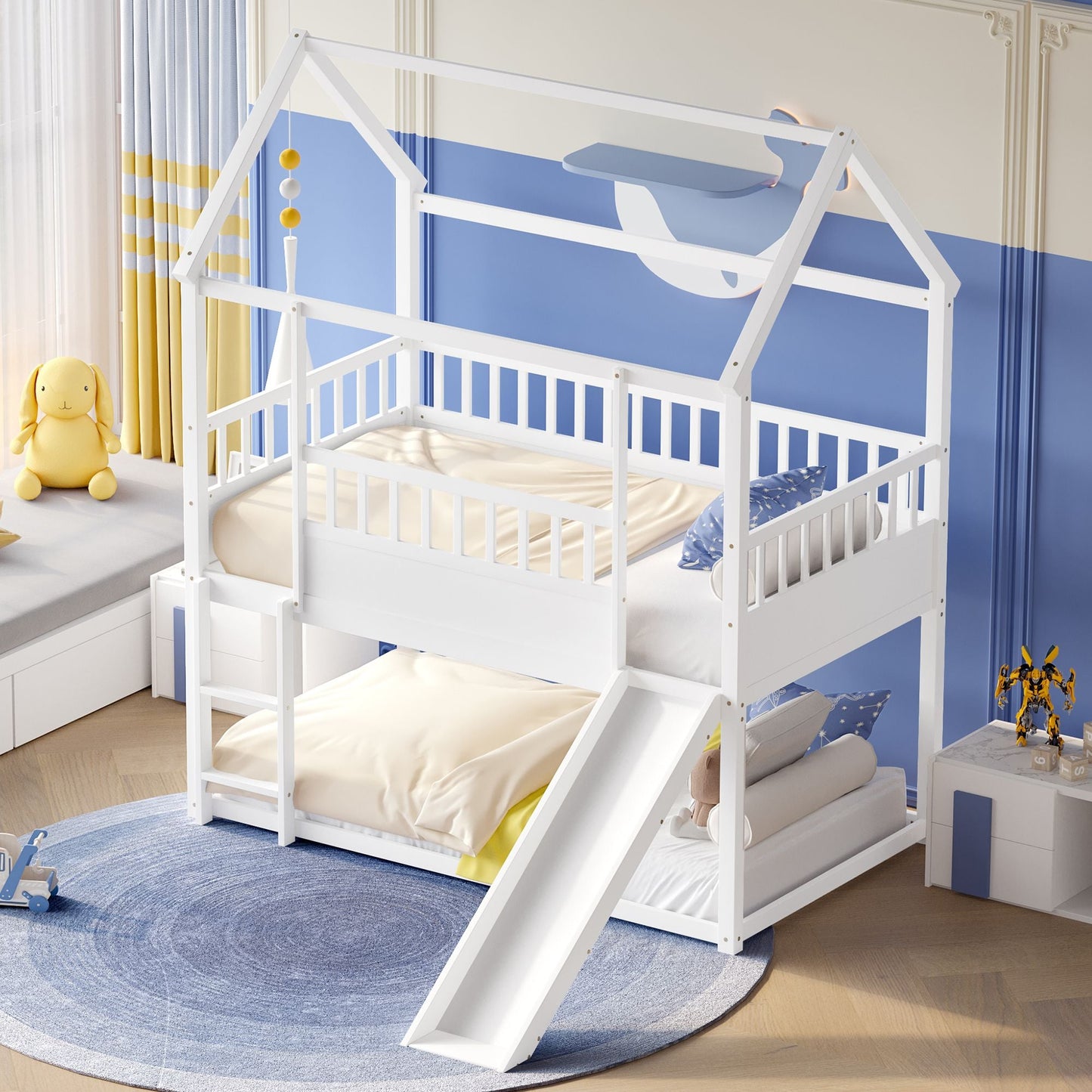 House-Style Twin Over Twin Wood Bunk Bed with Convertible Slide and Guardrail, White | Just Better Bunk Beds