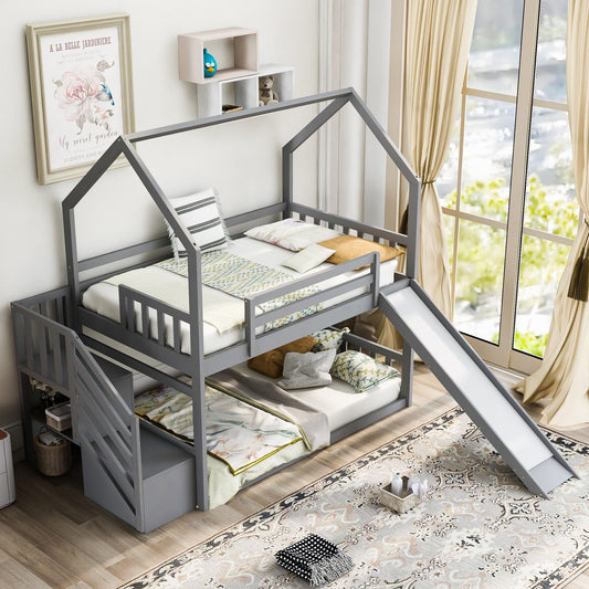 House-Style Twin Over Twin Wood Bunk Bed with Convertible Slide and Storage Staircase, Gray | Just Better Bunk Beds