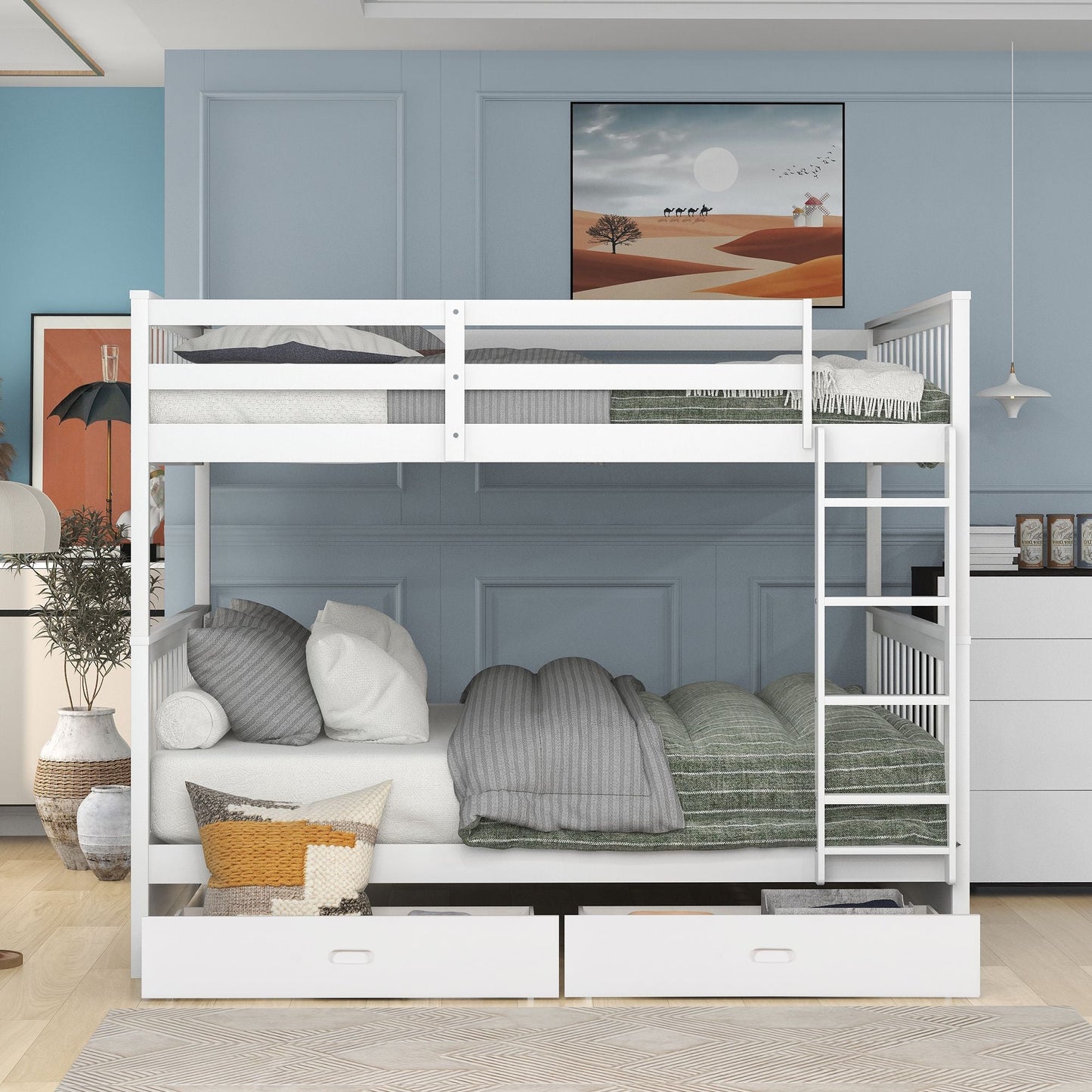 Spacious Full Over Full Wood Bunk Bed with Ladders and Two Storage Drawers, White | Just Better Bunk Beds