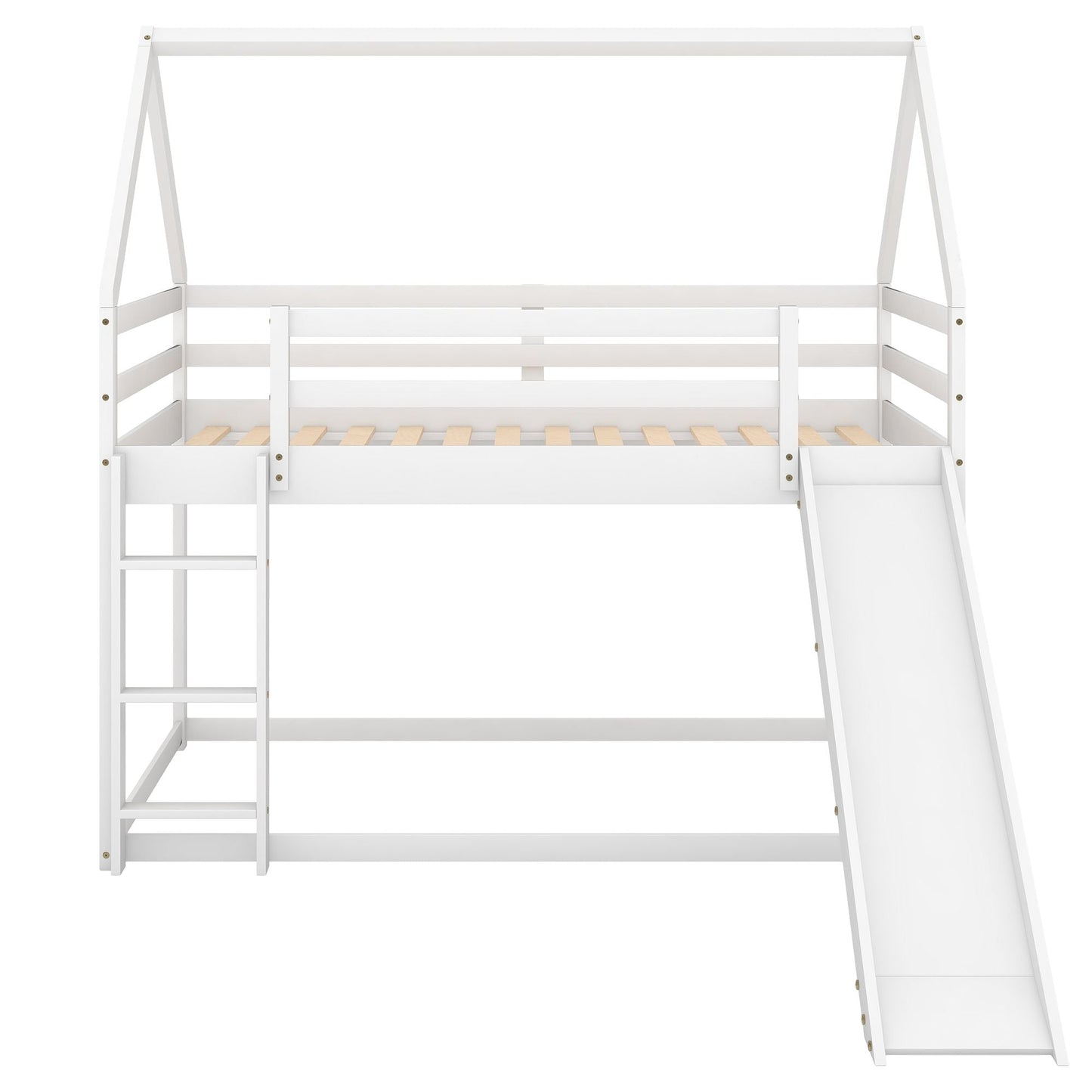 Kids Bedroom Twin Wood Bunk House Bed with Slide and Ladder, White | Just Better Bunk Beds