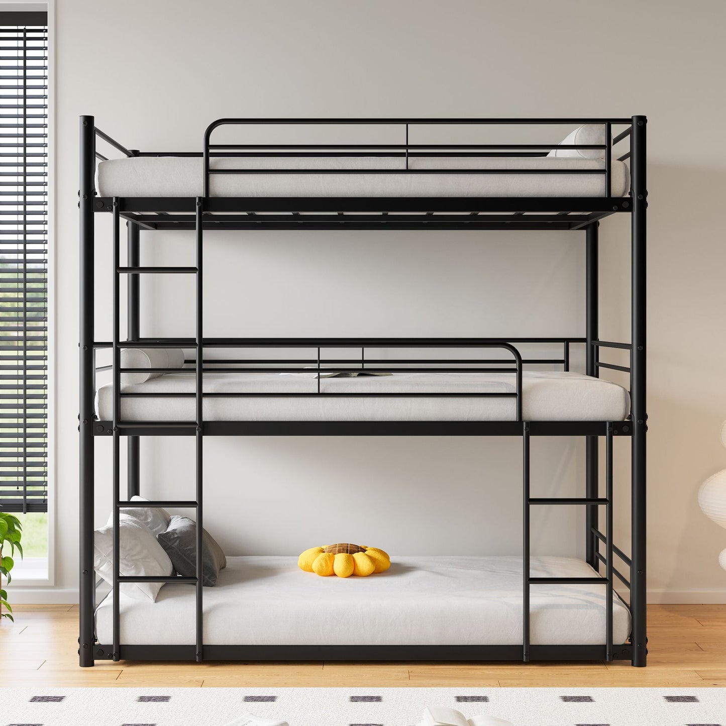 Heavy-Duty Triple Twin Over Twin Over Twin Metal Bunk Bed with Platform Frame and Guard Rail, Black | Just Better Bunk Beds
