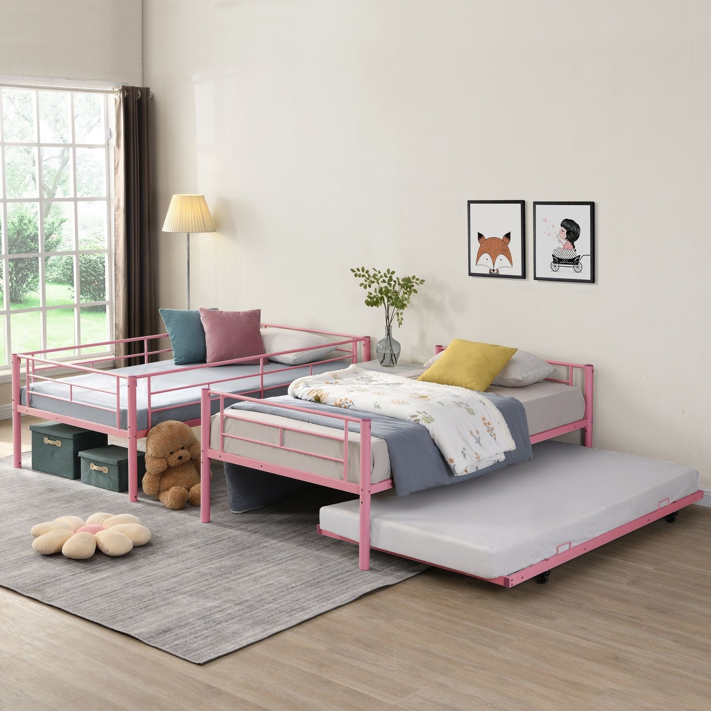 Heavy-Duty Twin Metal Bunk Bed with Trundle and Guard Rail, Multiple Colors | Just Better Bunk Beds