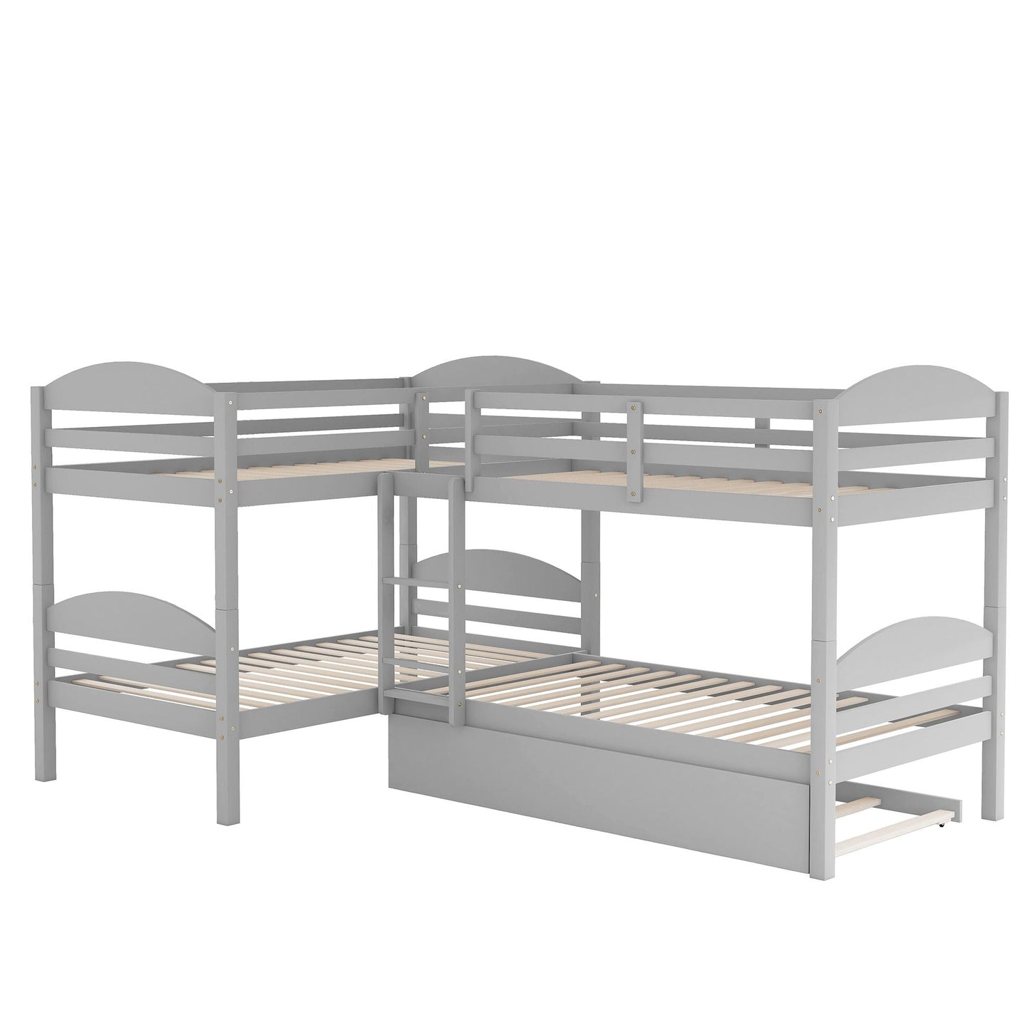 Space-Saving Twin L-Shaped Wood Bunk Bed with Trundle, Gray | Just Better Bunk Beds