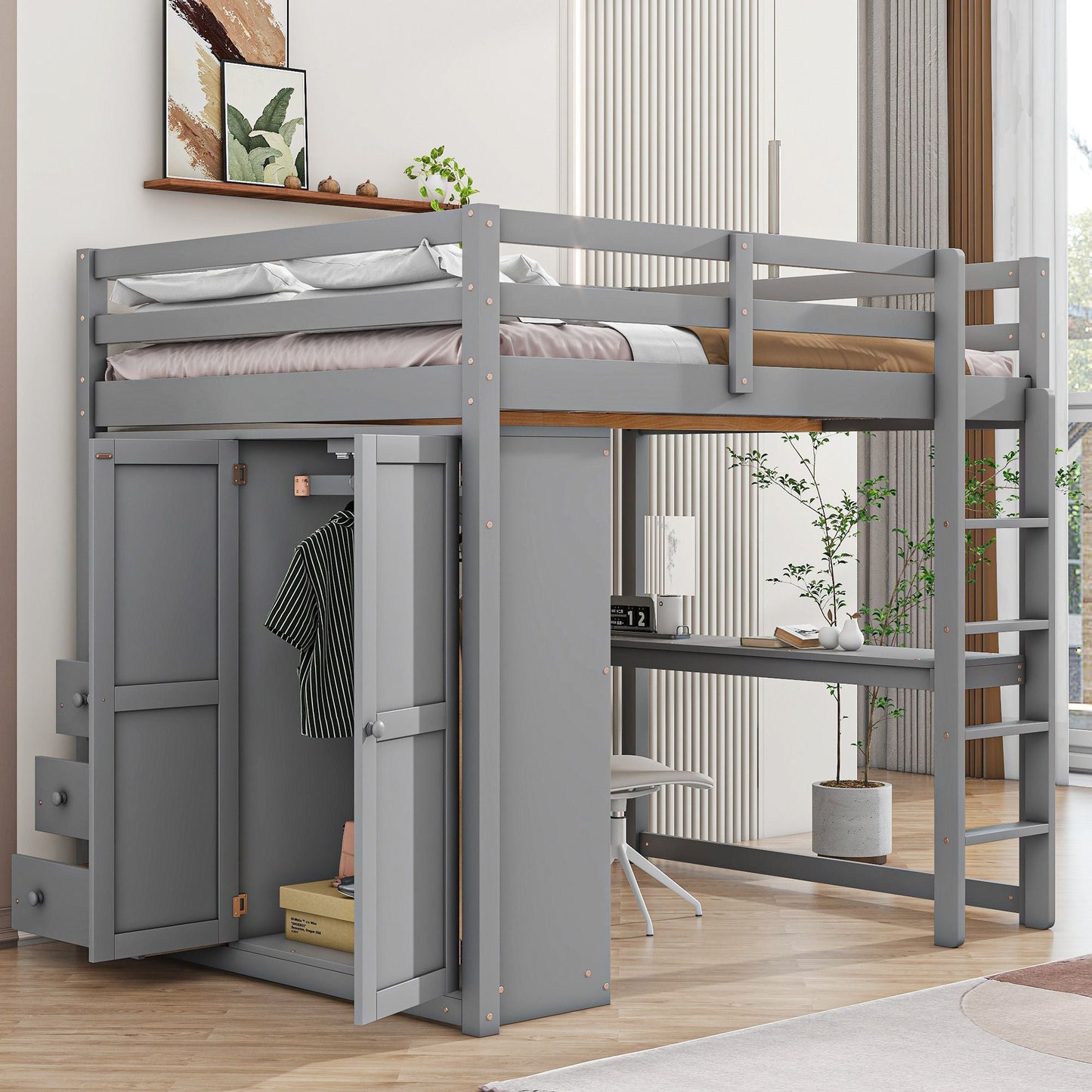 Space-Saving Full Wood Loft Bed with Built-in Wardrobe, Desk & Storage, Gray | Just Better Bunk Beds