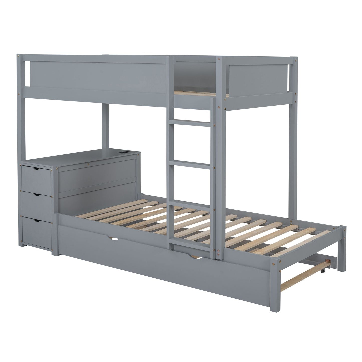 Space-Saving Twin Over Twin Wood Bunk Bed with Twin Trundle, Storage, Desk, Gray | Just Better Bunk Beds